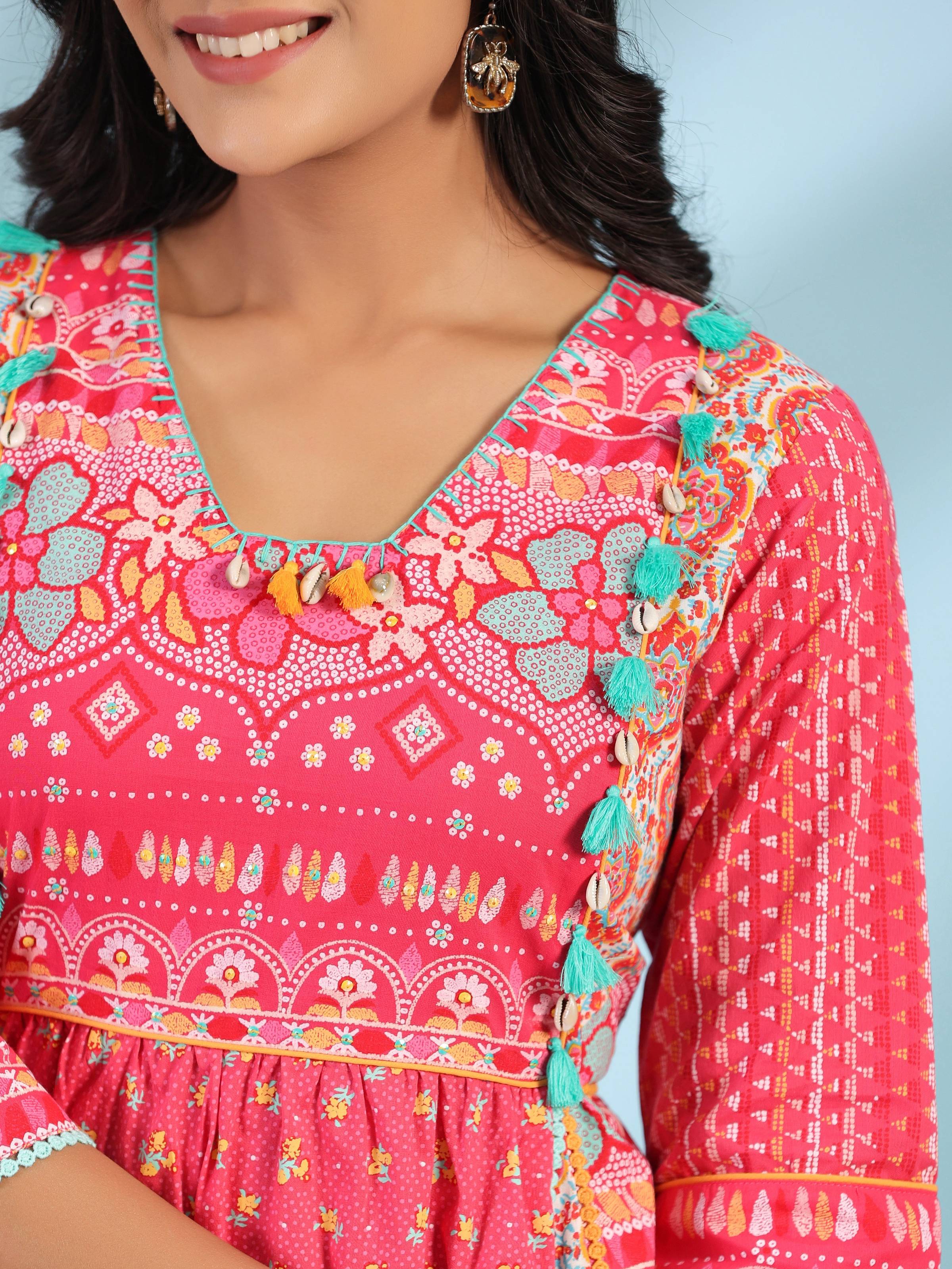 Juniper Women's Pink Pure Cotton Floral Printed Panelled Short Dress With Contrasting Tassels & Beadwork