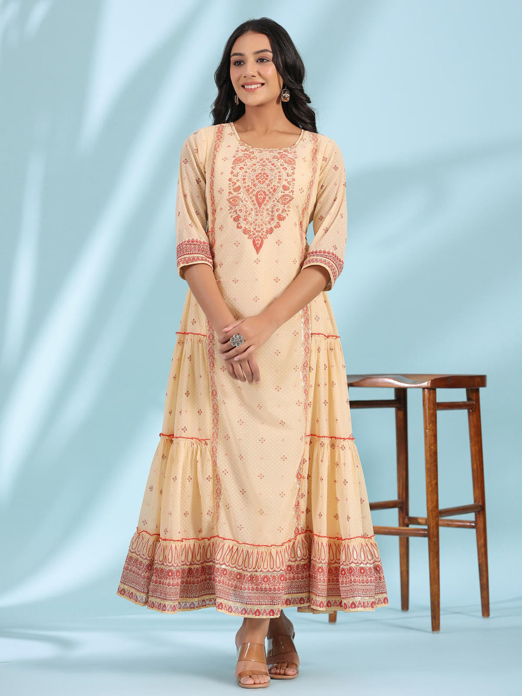 Juniper Women's Festive Ivory Ethnic Motif Printed Tiered Dress With Sequins & Beadwork