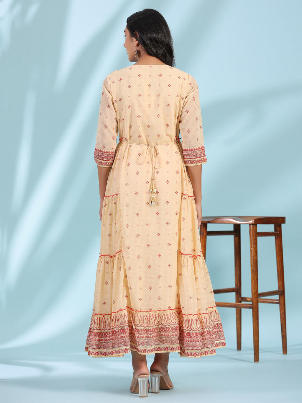 Juniper Women's Festive Ivory Ethnic Motif Printed Tiered Dress With Sequins & Beadwork
