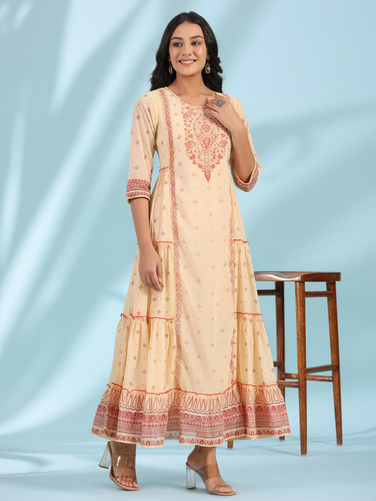 Juniper Women's Festive Ivory Ethnic Motif Printed Tiered Dress With Sequins & Beadwork