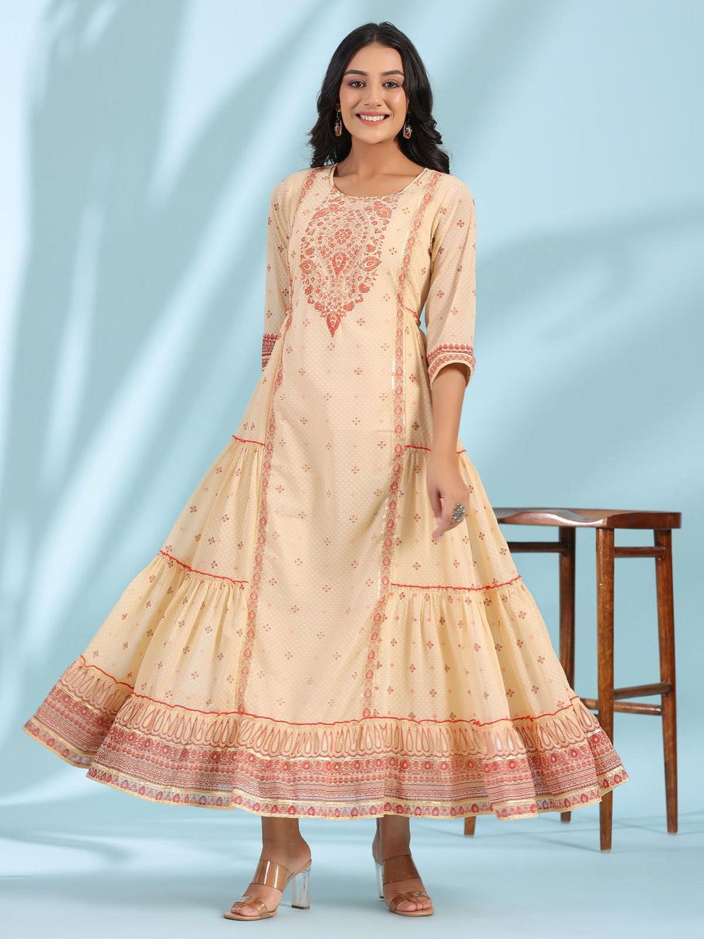Juniper Women's Festive Ivory Ethnic Motif Printed Tiered Dress With Sequins & Beadwork
