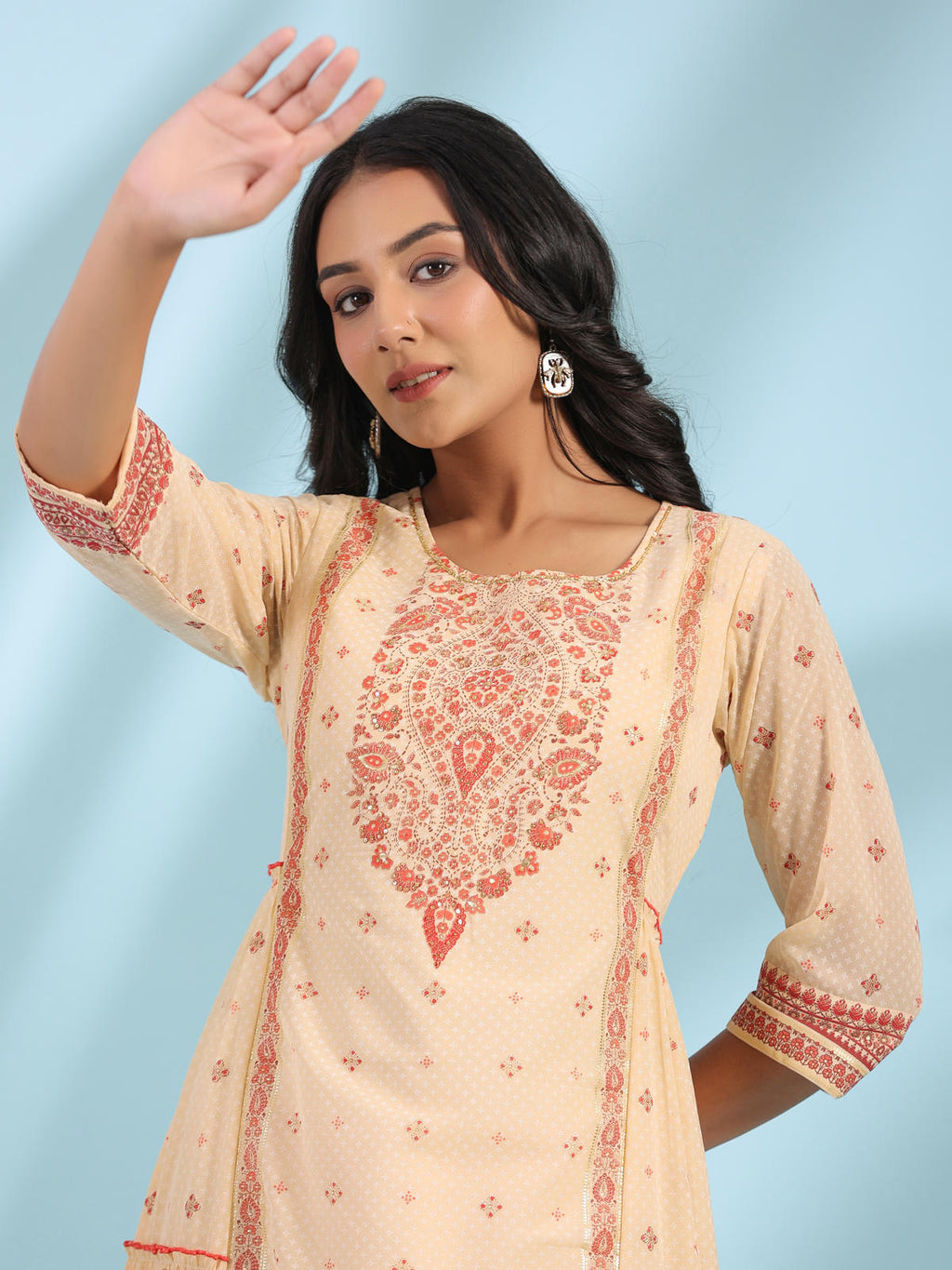 Juniper Women's Festive Ivory Ethnic Motif Printed Tiered Dress With Sequins & Beadwork