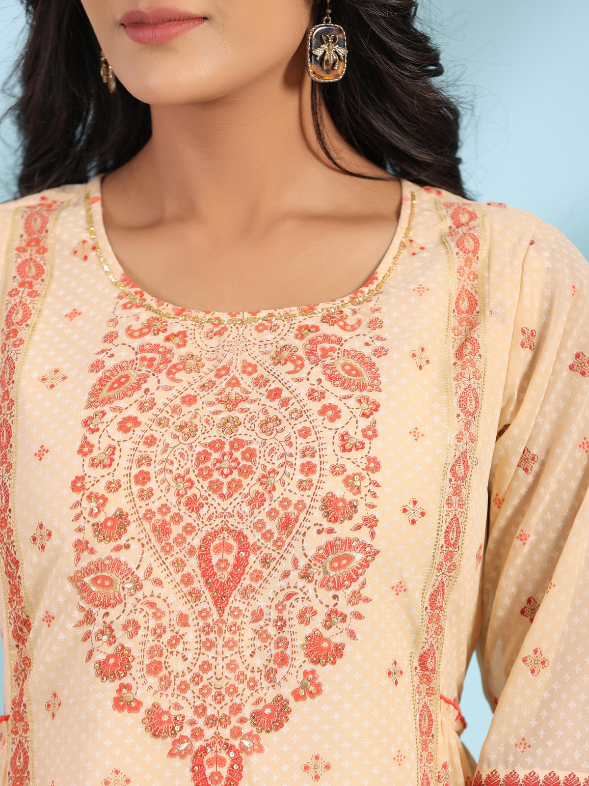 Juniper Women's Festive Ivory Ethnic Motif Printed Tiered Dress With Sequins & Beadwork
