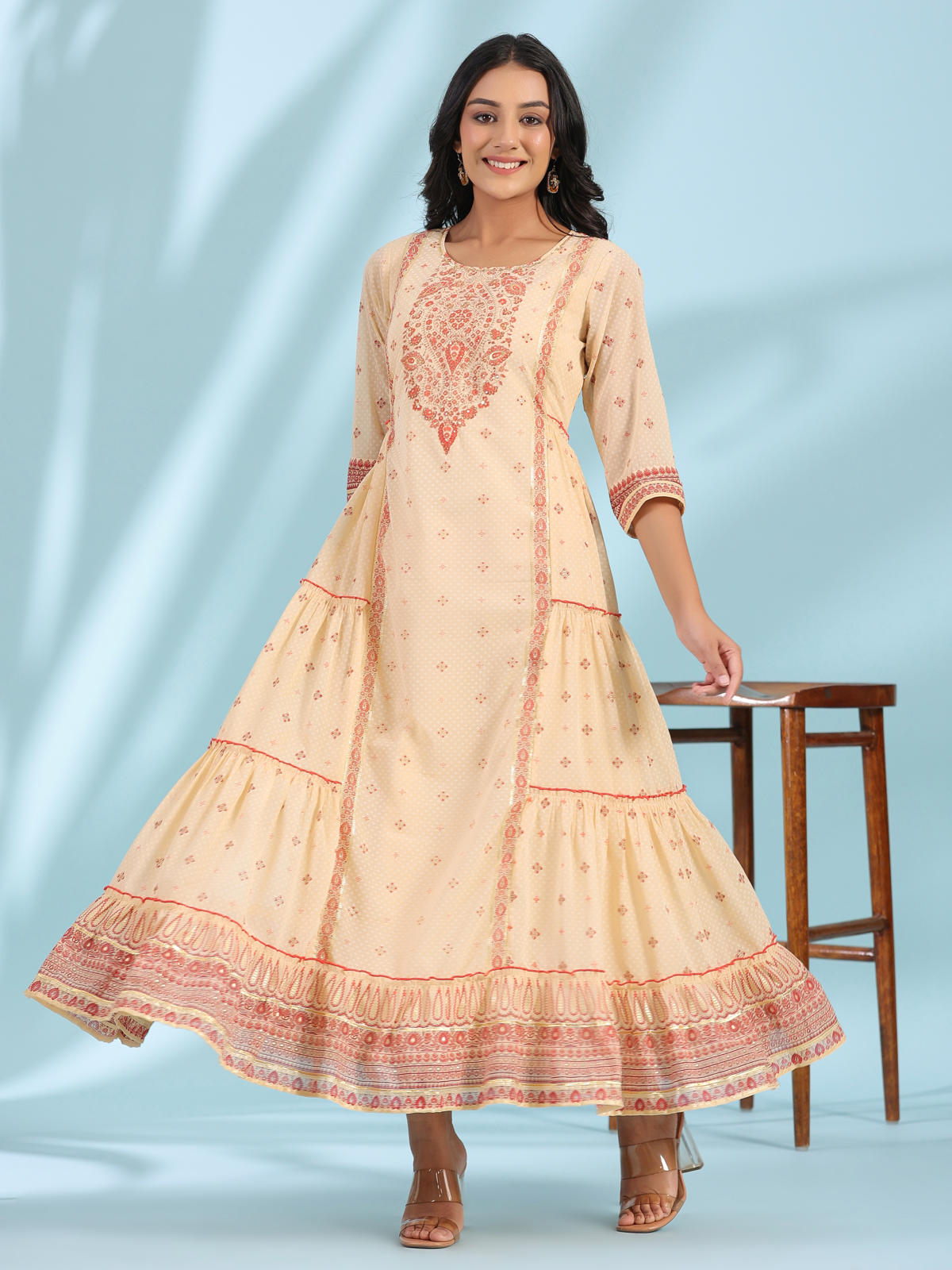 Juniper Women's Festive Ivory Ethnic Motif Printed Tiered Dress With Sequins & Beadwork