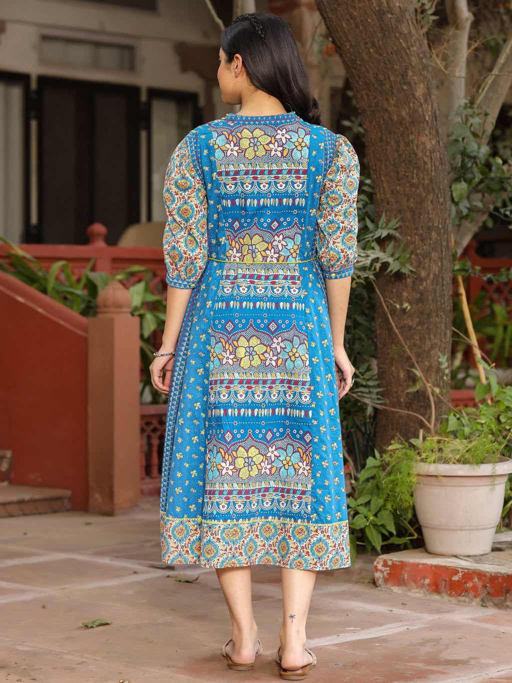 Juniper Blue Floral Printed Pure Cotton Dress & Doris With Beads Work