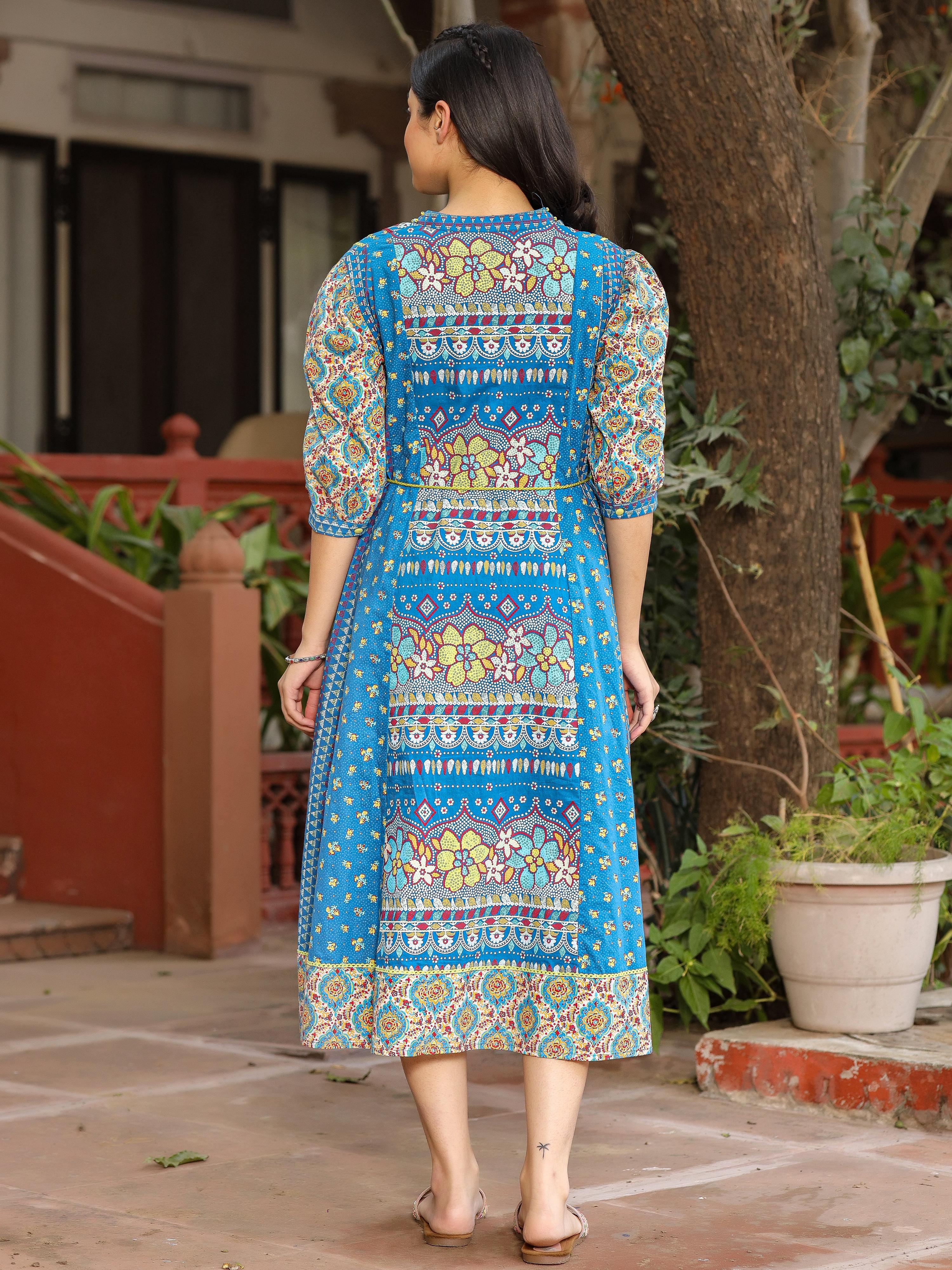 Juniper Blue Floral Printed Pure Cotton Dress & Doris With Beads Work