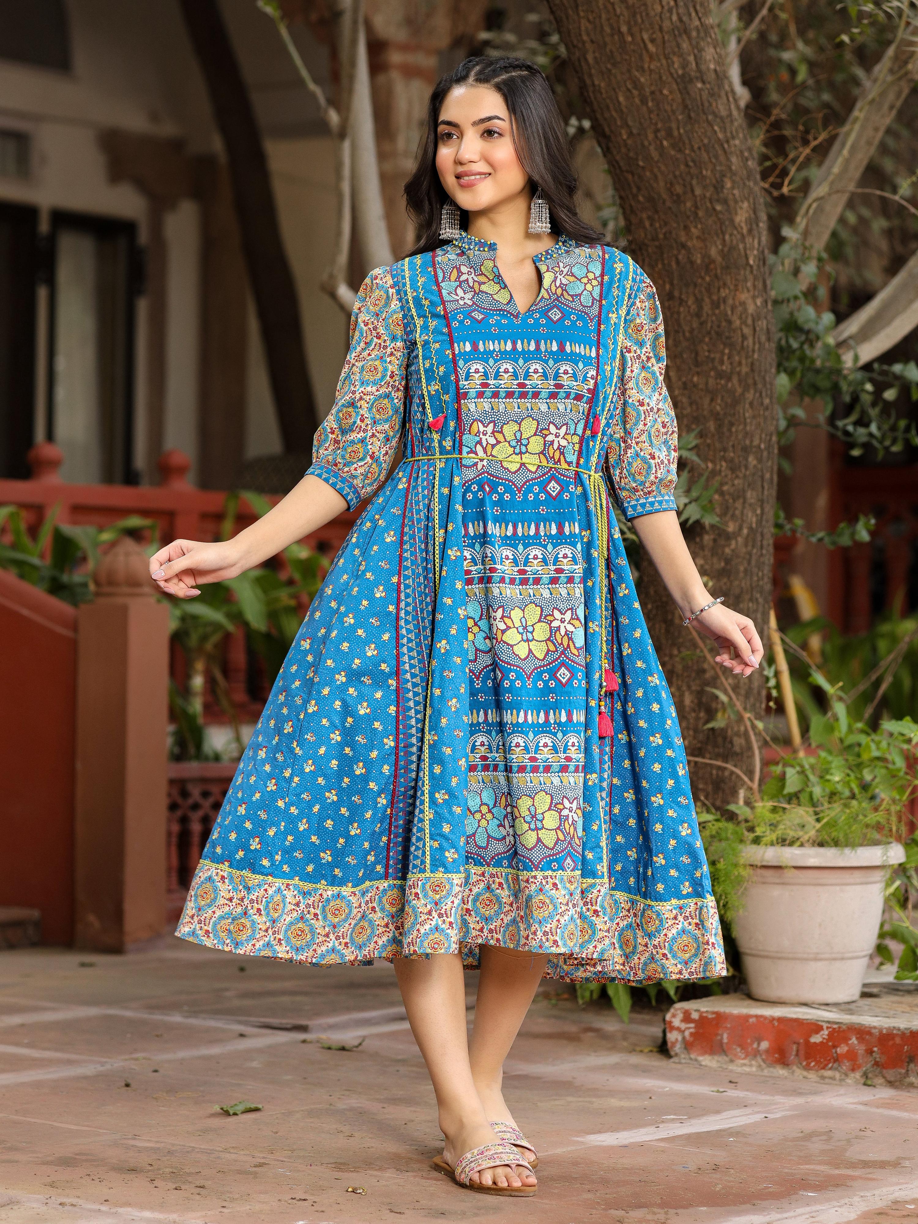 Juniper Blue Floral Printed Pure Cotton Dress & Doris With Beads Work