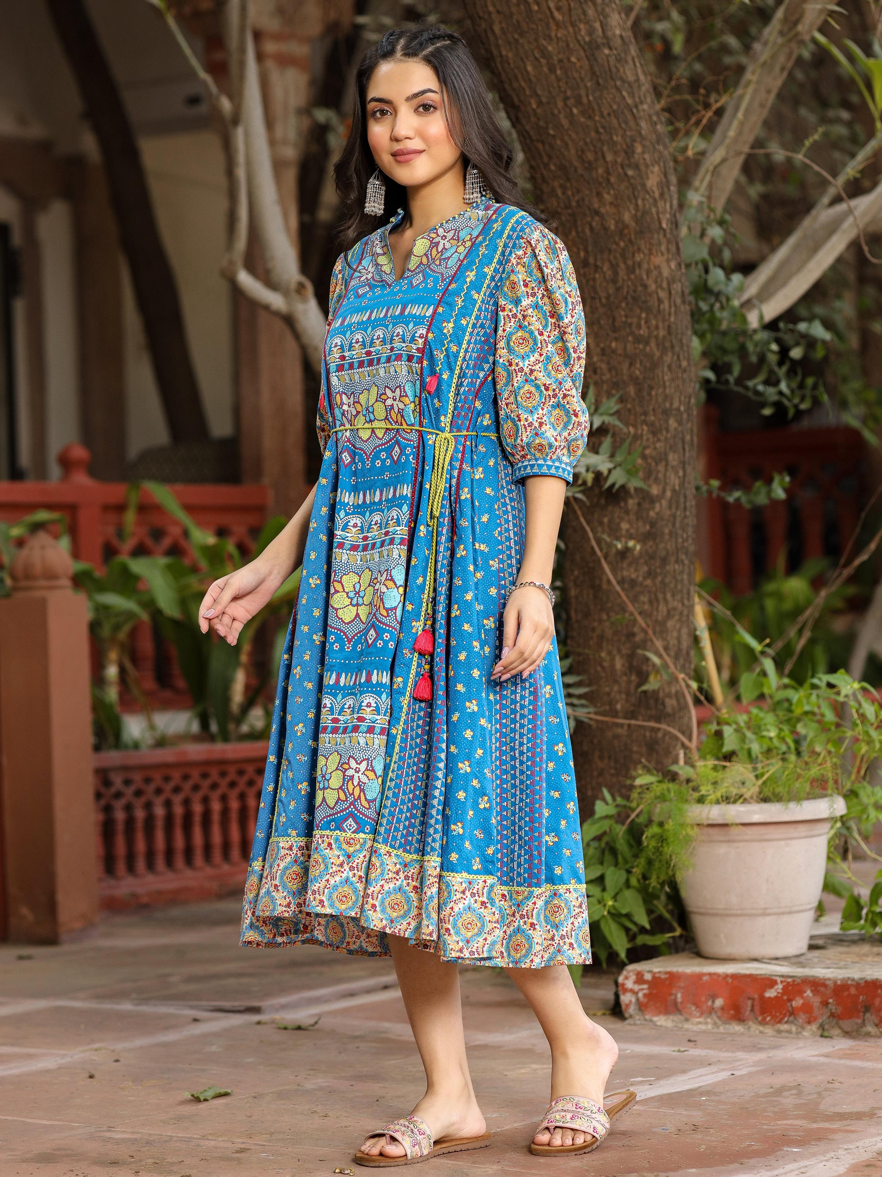 Juniper Blue Floral Printed Pure Cotton Dress & Doris With Beads Work