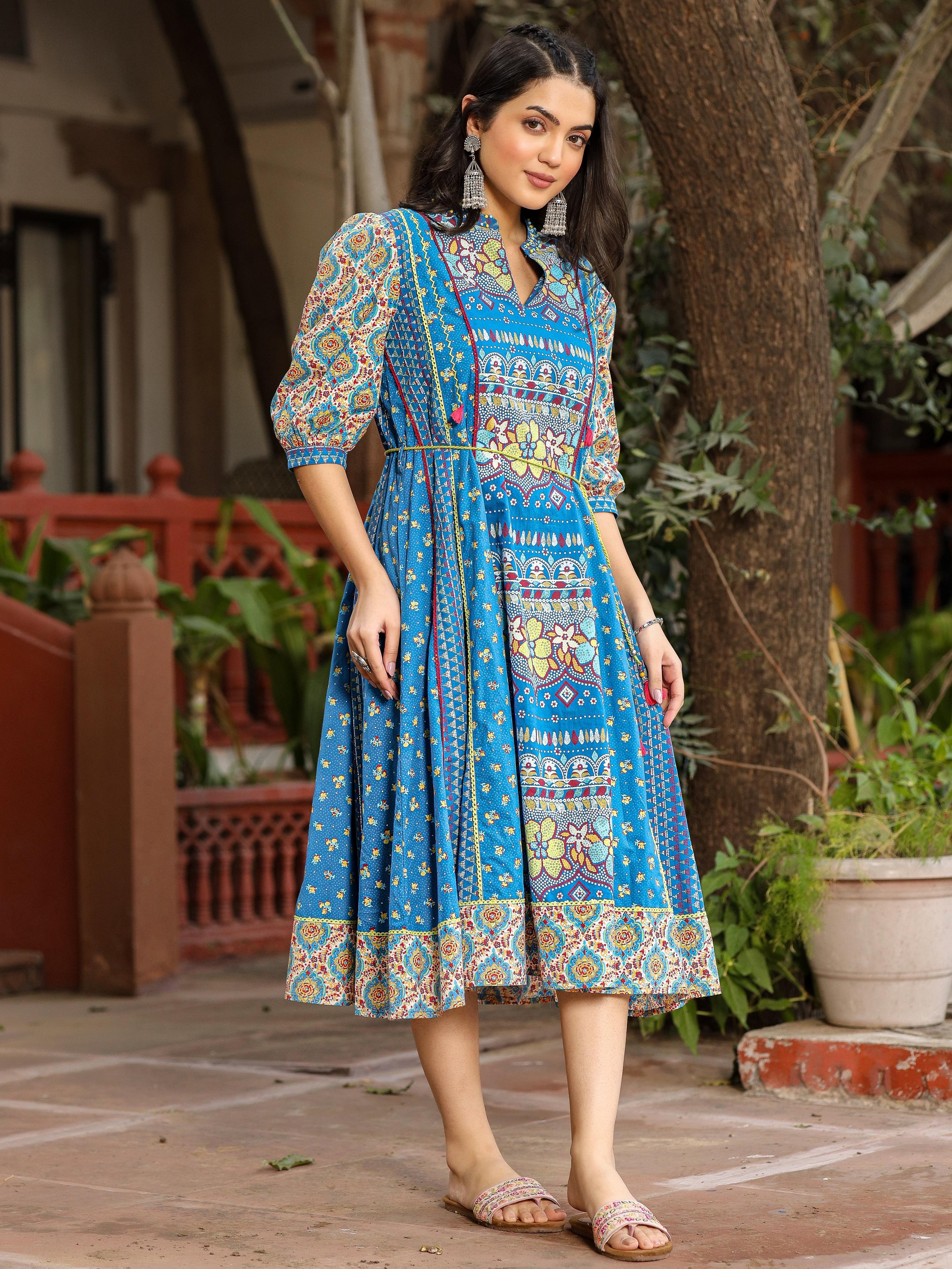 Juniper Blue Floral Printed Pure Cotton Dress & Doris With Beads Work