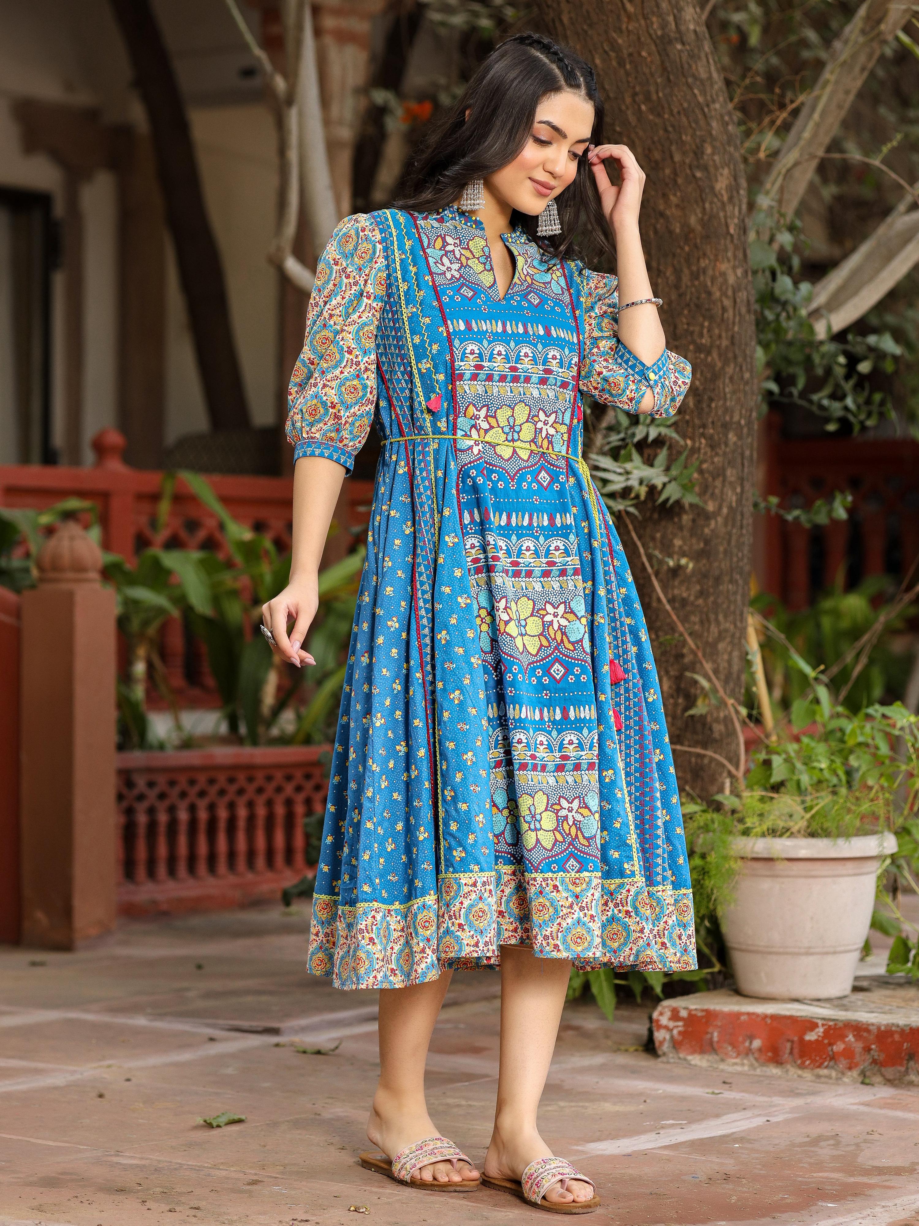 Juniper Blue Floral Printed Pure Cotton Dress & Doris With Beads Work