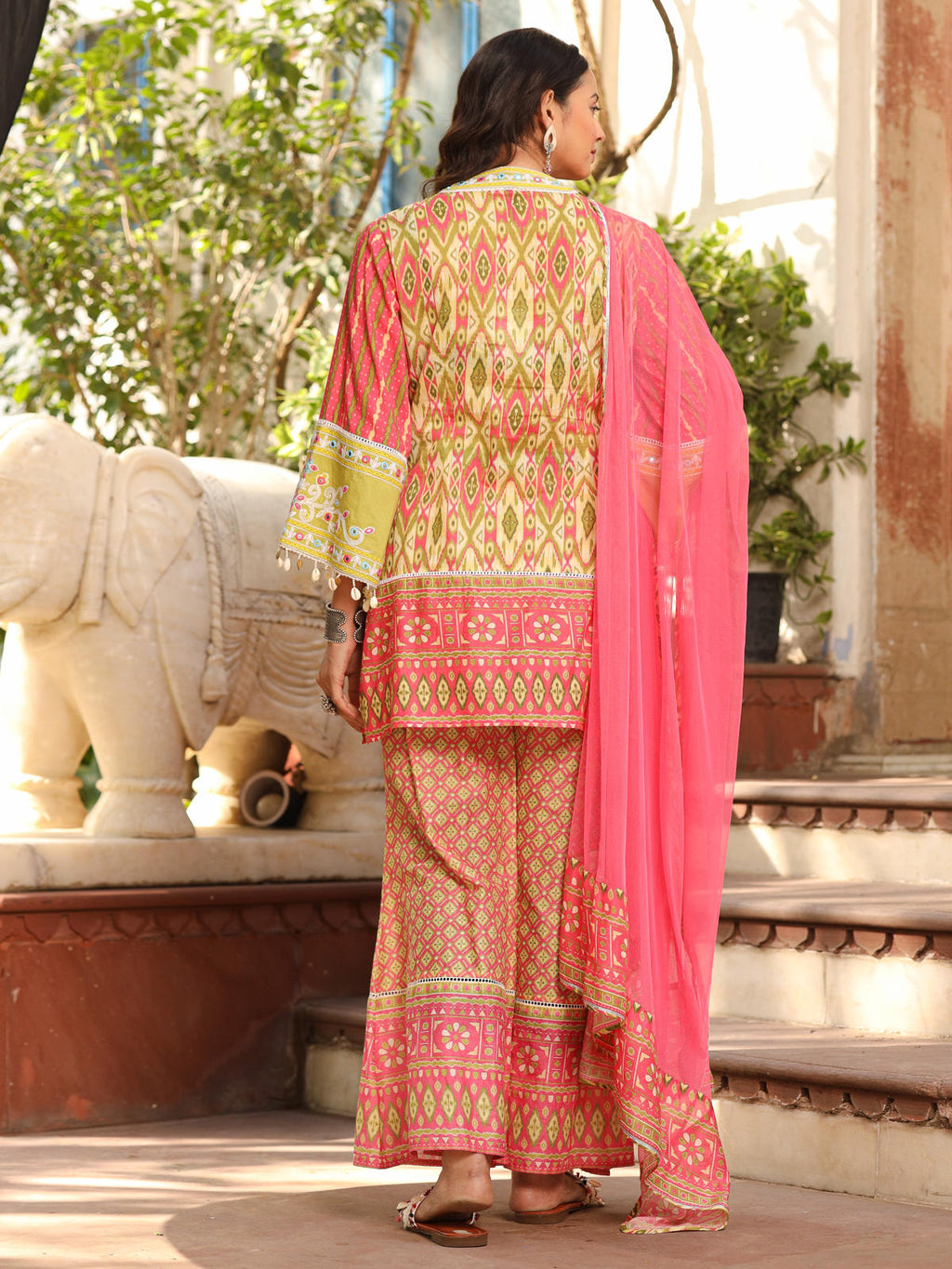 Juniper Women's Green Cotton Ikat Printed Short Kurta Bell Bottom & Dupatta With Threaded Embroidery & Kaudis