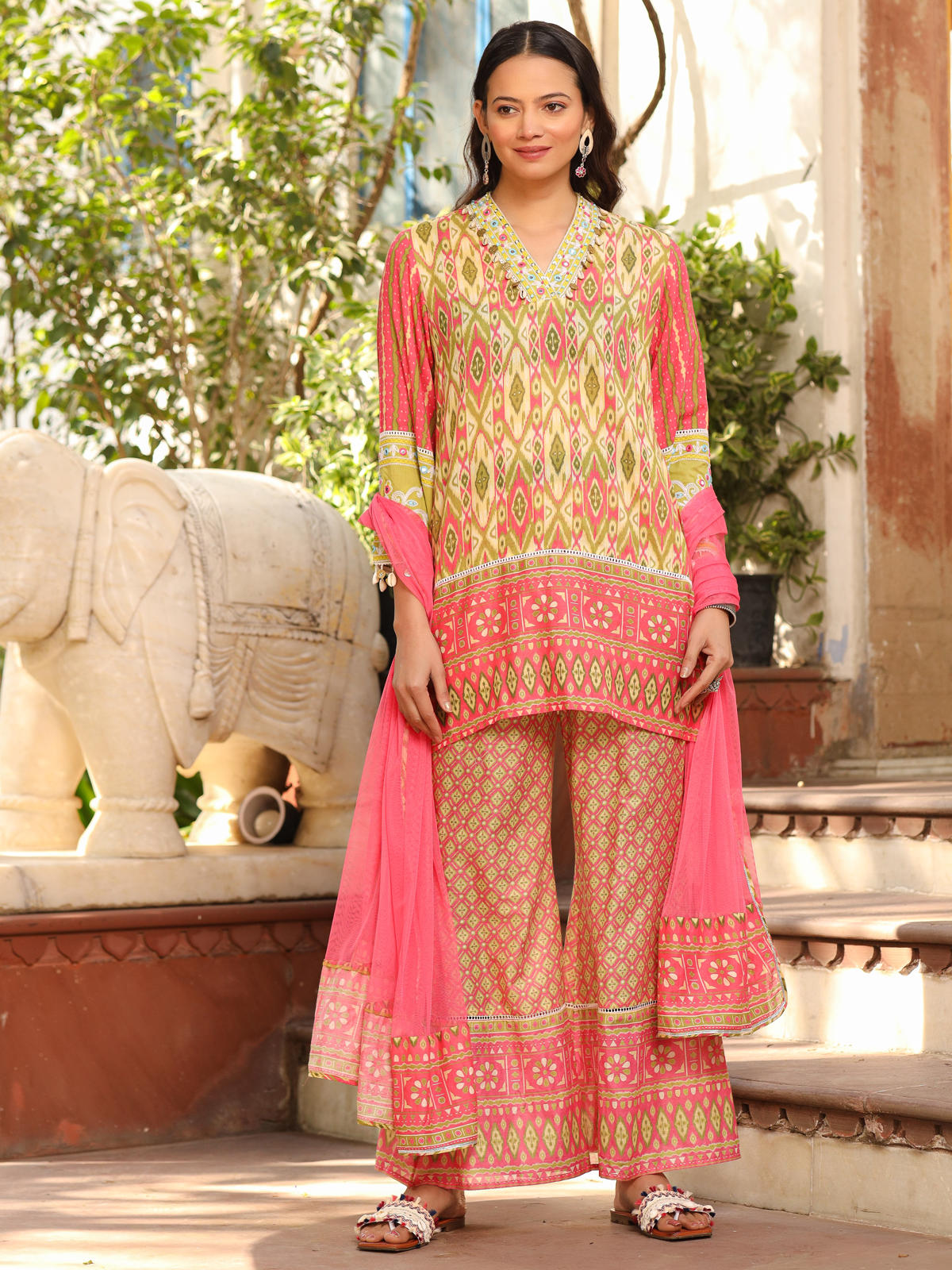 Juniper Women's Green Cotton Ikat Printed Short Kurta Bell Bottom & Dupatta With Threaded Embroidery & Kaudis