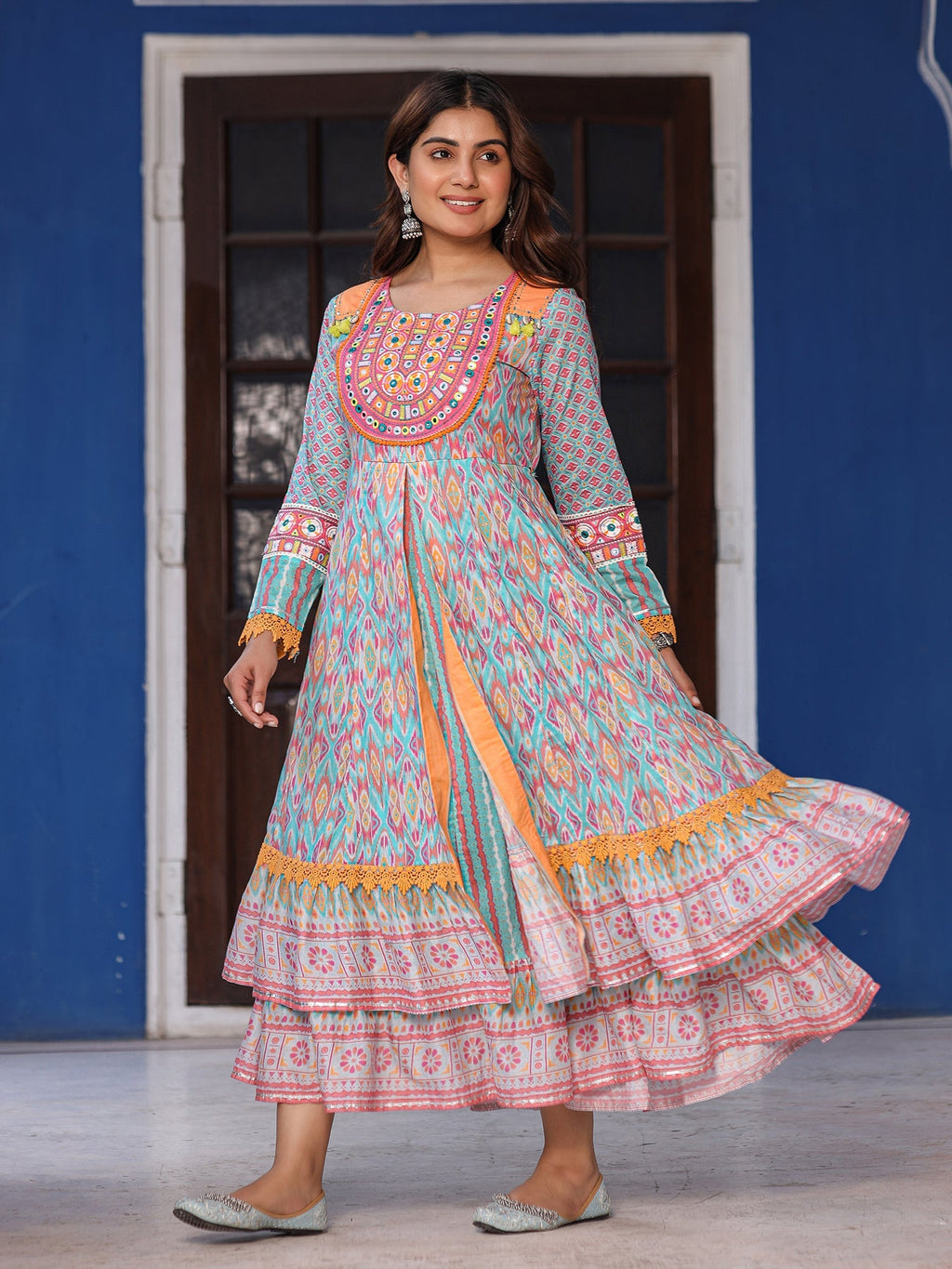 Juniper Women Ikat Printed & Embroidered Sky Blue Cotton Voile Layered Maxi Dress