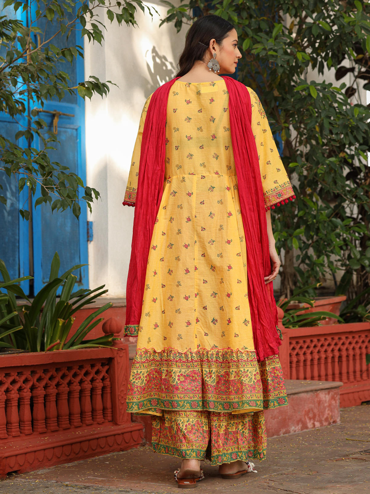 Juniper Women's Mustard Cotton Floral Printed Anarkali Kurta With Pants And Dupatta Set With Sequins & Beadwork