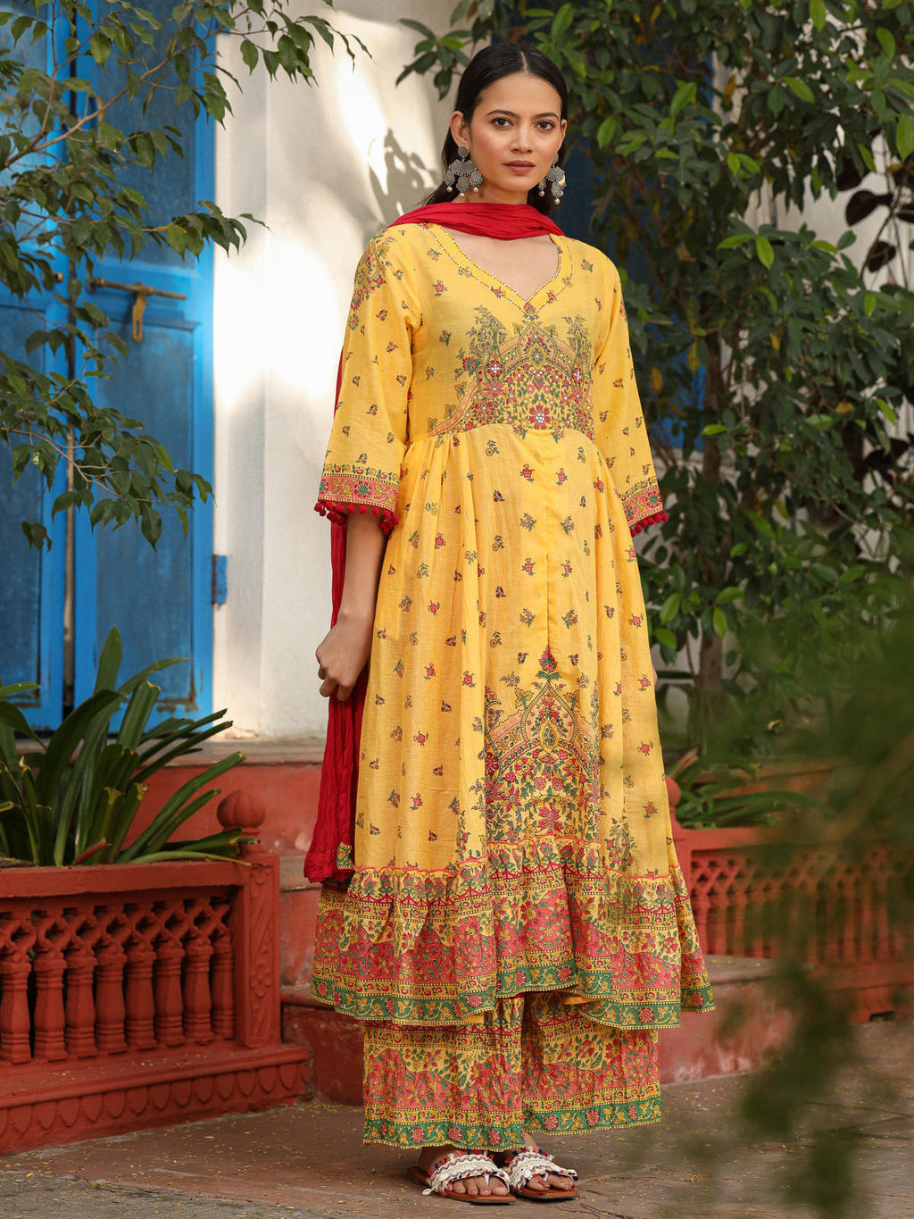 Juniper Women's Mustard Cotton Floral Printed Anarkali Kurta With Pants And Dupatta Set With Sequins & Beadwork