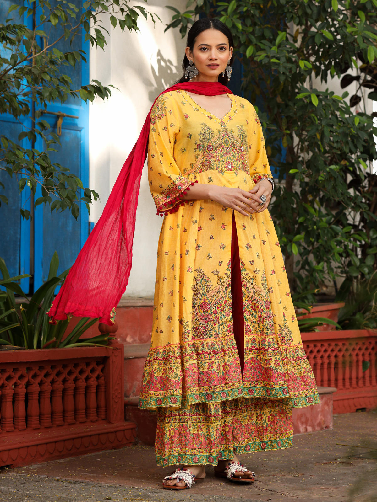Juniper Women's Mustard Cotton Floral Printed Anarkali Kurta With Pants And Dupatta Set With Sequins & Beadwork