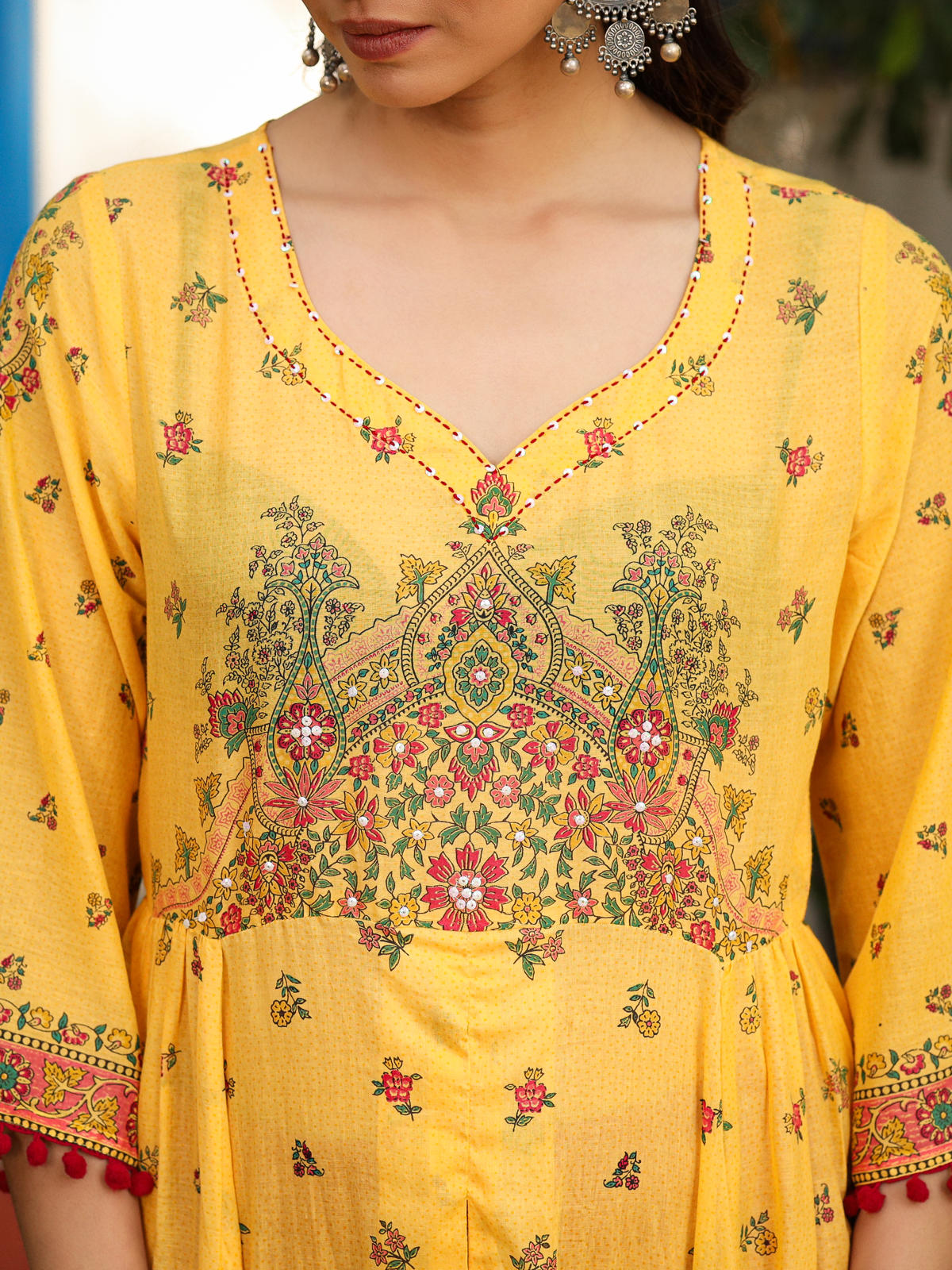 Juniper Women's Mustard Cotton Floral Printed Anarkali Kurta With Pants And Dupatta Set With Sequins & Beadwork
