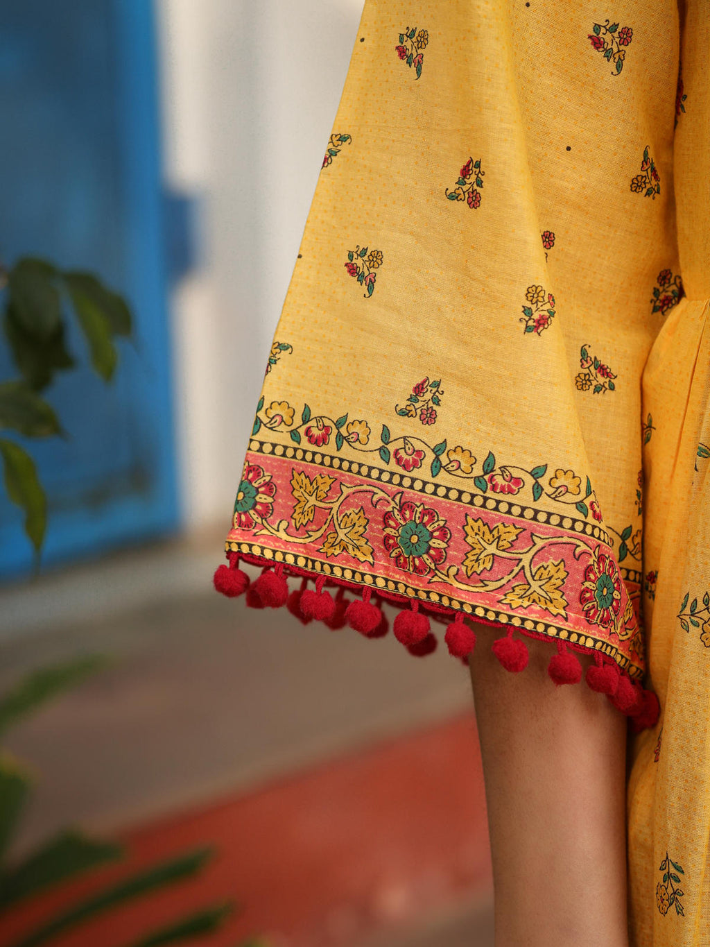 Juniper Women's Mustard Cotton Floral Printed Anarkali Kurta With Pants And Dupatta Set With Sequins & Beadwork