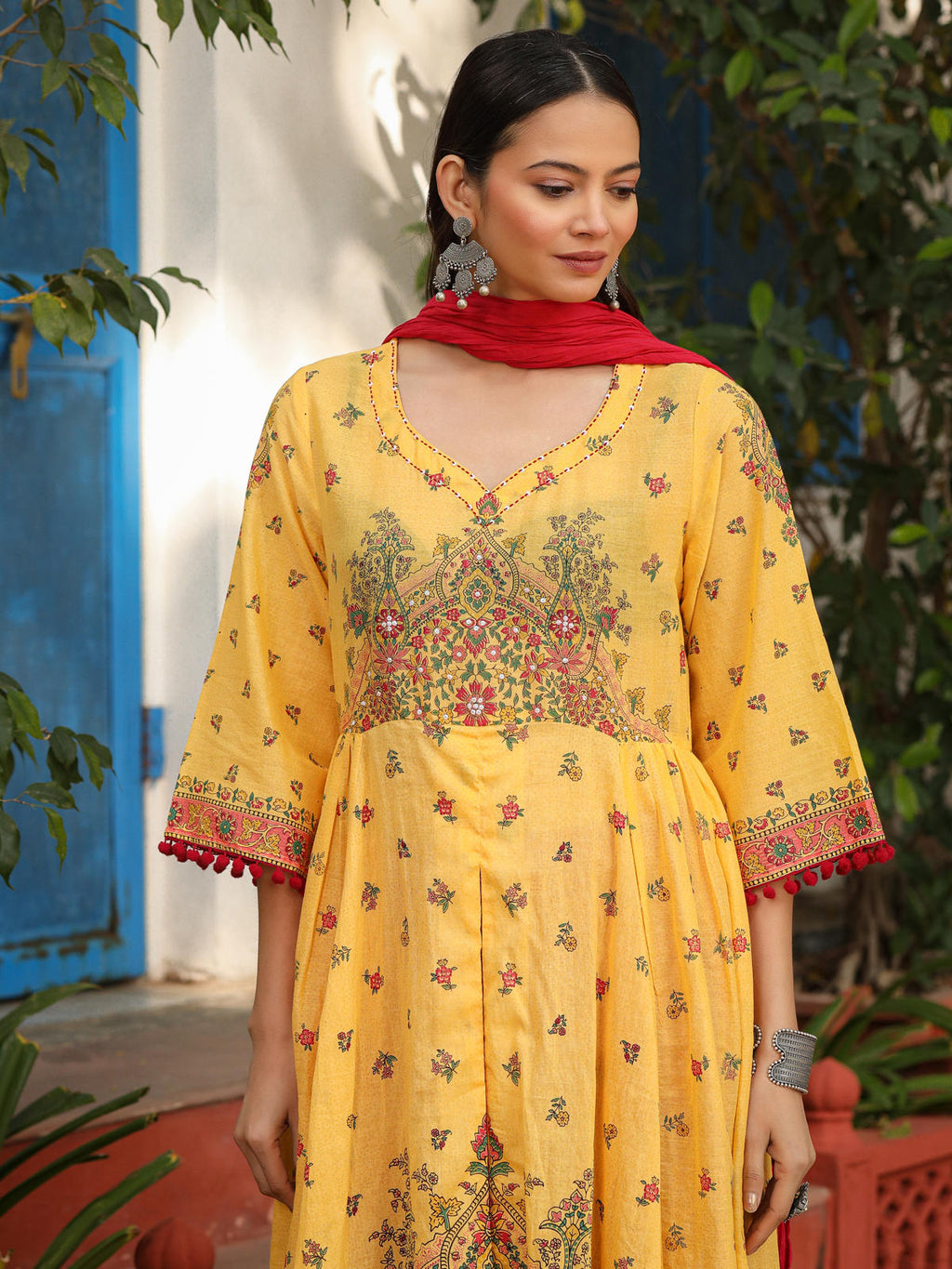 Juniper Women's Mustard Cotton Floral Printed Anarkali Kurta With Pants And Dupatta Set With Sequins & Beadwork
