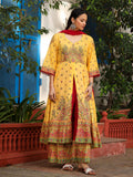 Juniper Women's Mustard Cotton Floral Printed Anarkali Kurta With Pants And Dupatta Set With Sequins & Beadwork
