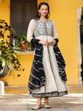 Juniper Off-White & Black Cotton Embroidered Anarkali Dress With Jacket & Tie-Dye Dupatta