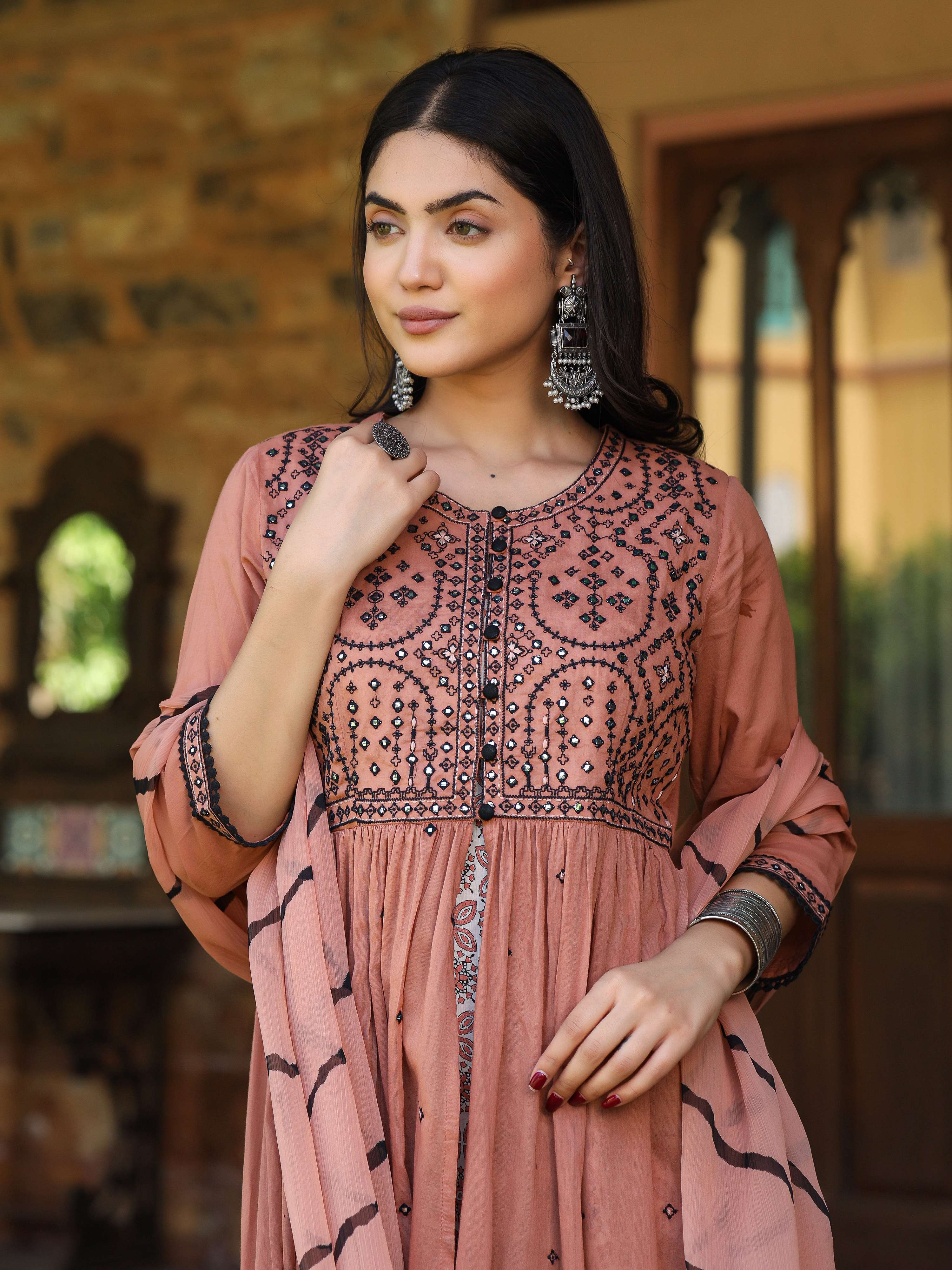 Juniper Women's Onion Pink & Black Cotton Embroidered Anarkali Dress With Jacket & Tie-Dye Dupatta
