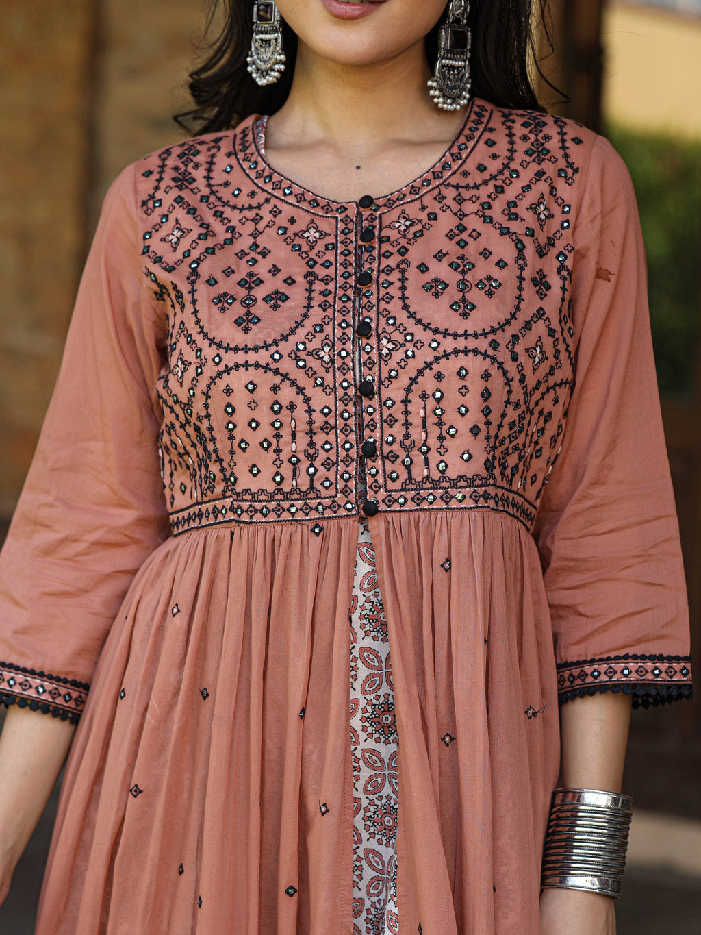 Juniper Women's Onion Pink & Black Cotton Embroidered Anarkali Dress With Jacket & Tie-Dye Dupatta