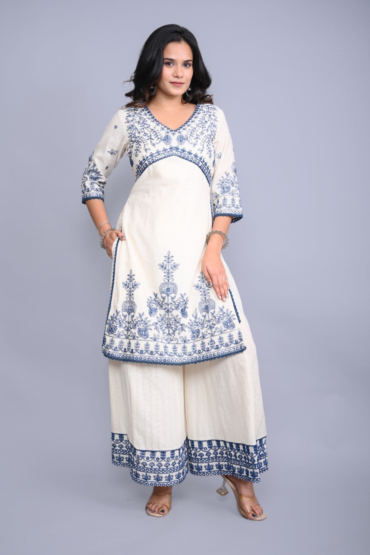 Juniper Women's White Cotton Dobby Embroidered Short Kurta Palazzo & Chiffon Dupatta