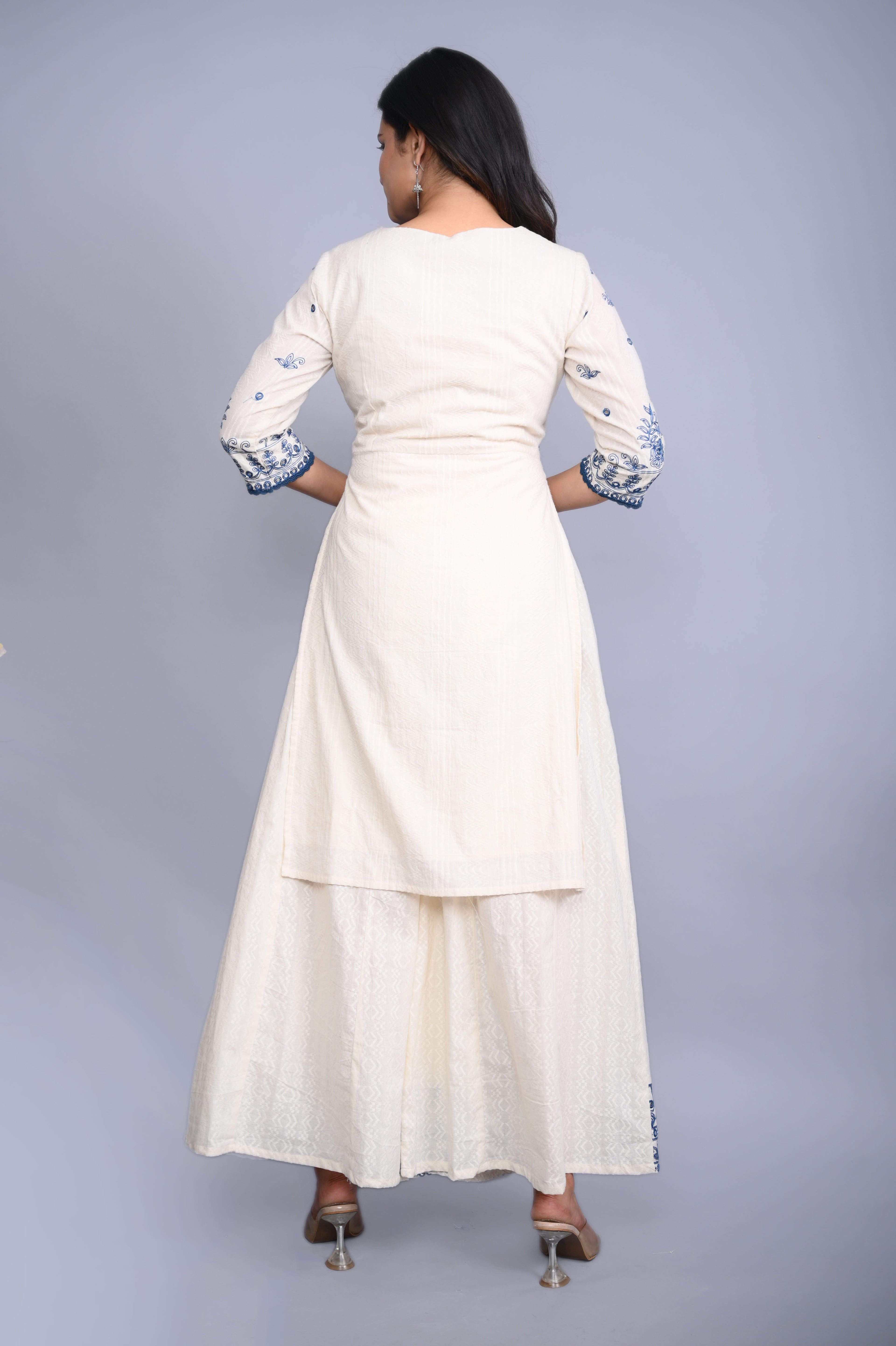 Juniper Women's White Cotton Dobby Embroidered Short Kurta Palazzo & Chiffon Dupatta