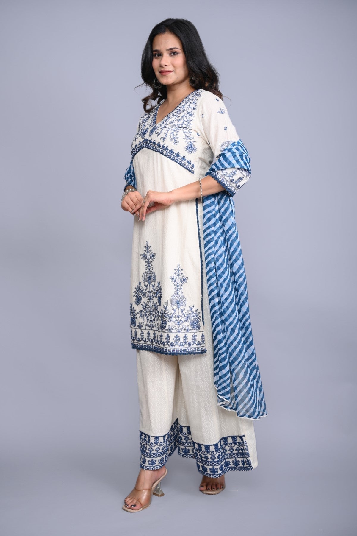 Juniper Women's White Cotton Dobby Embroidered Short Kurta Palazzo & Chiffon Dupatta