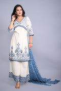 Juniper Women's White Cotton Dobby Embroidered Short Kurta Palazzo & Chiffon Dupatta