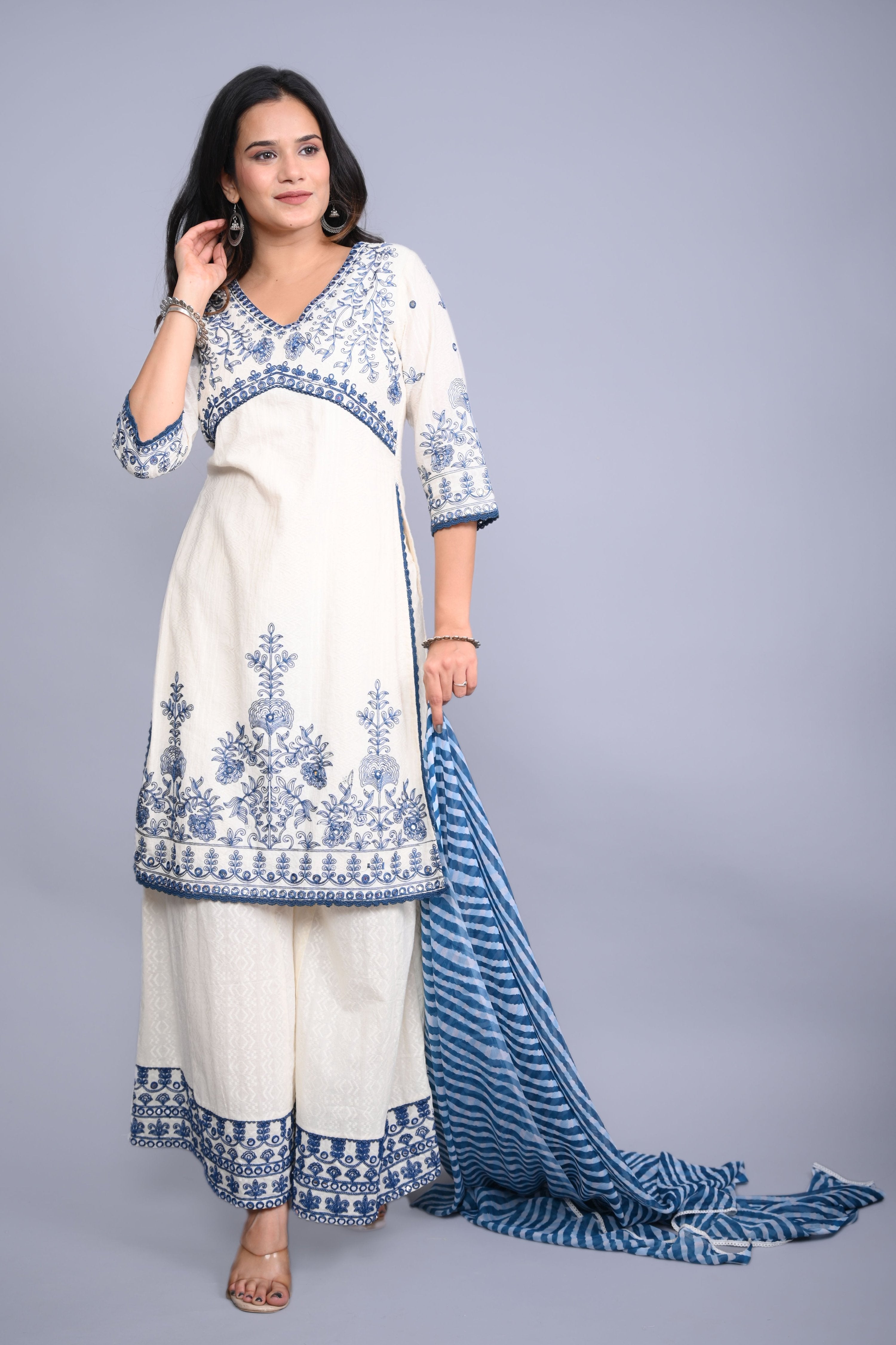 Juniper Women's White Cotton Dobby Embroidered Short Kurta Palazzo & Chiffon Dupatta