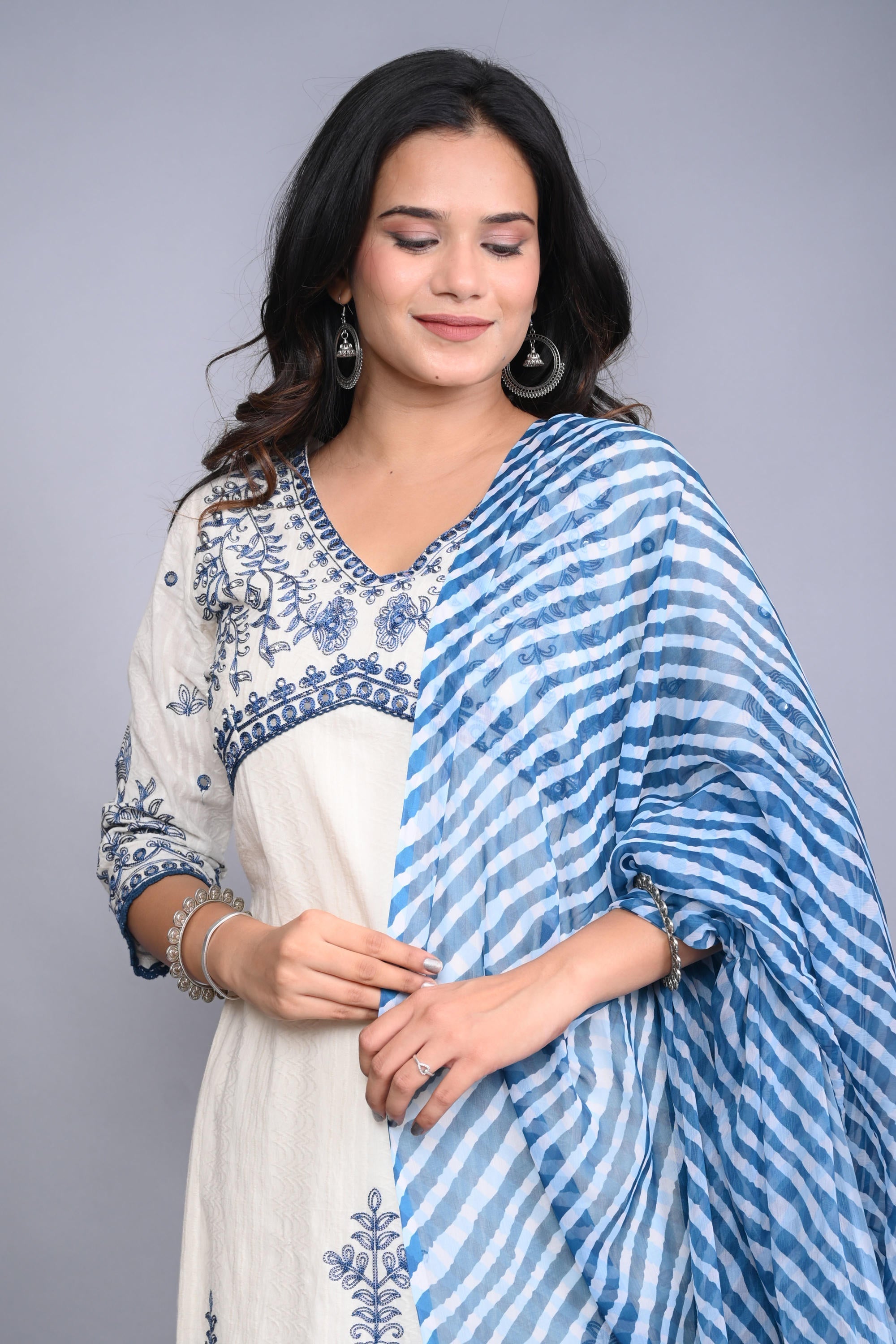 Juniper Women's White Cotton Dobby Embroidered Short Kurta Palazzo & Chiffon Dupatta