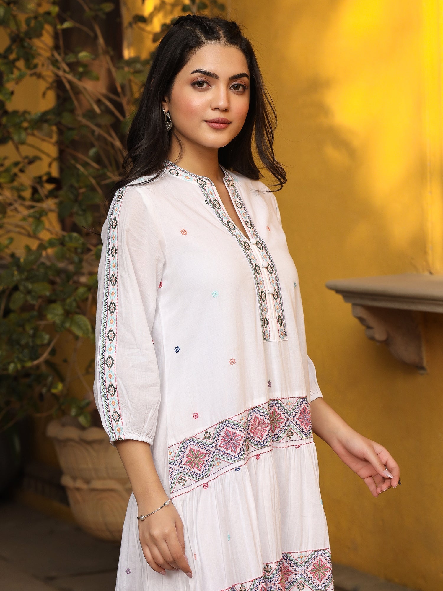 Juniper White Pure Cotton Tiered Maxi Dress With Multi-Colored Embroidery Work