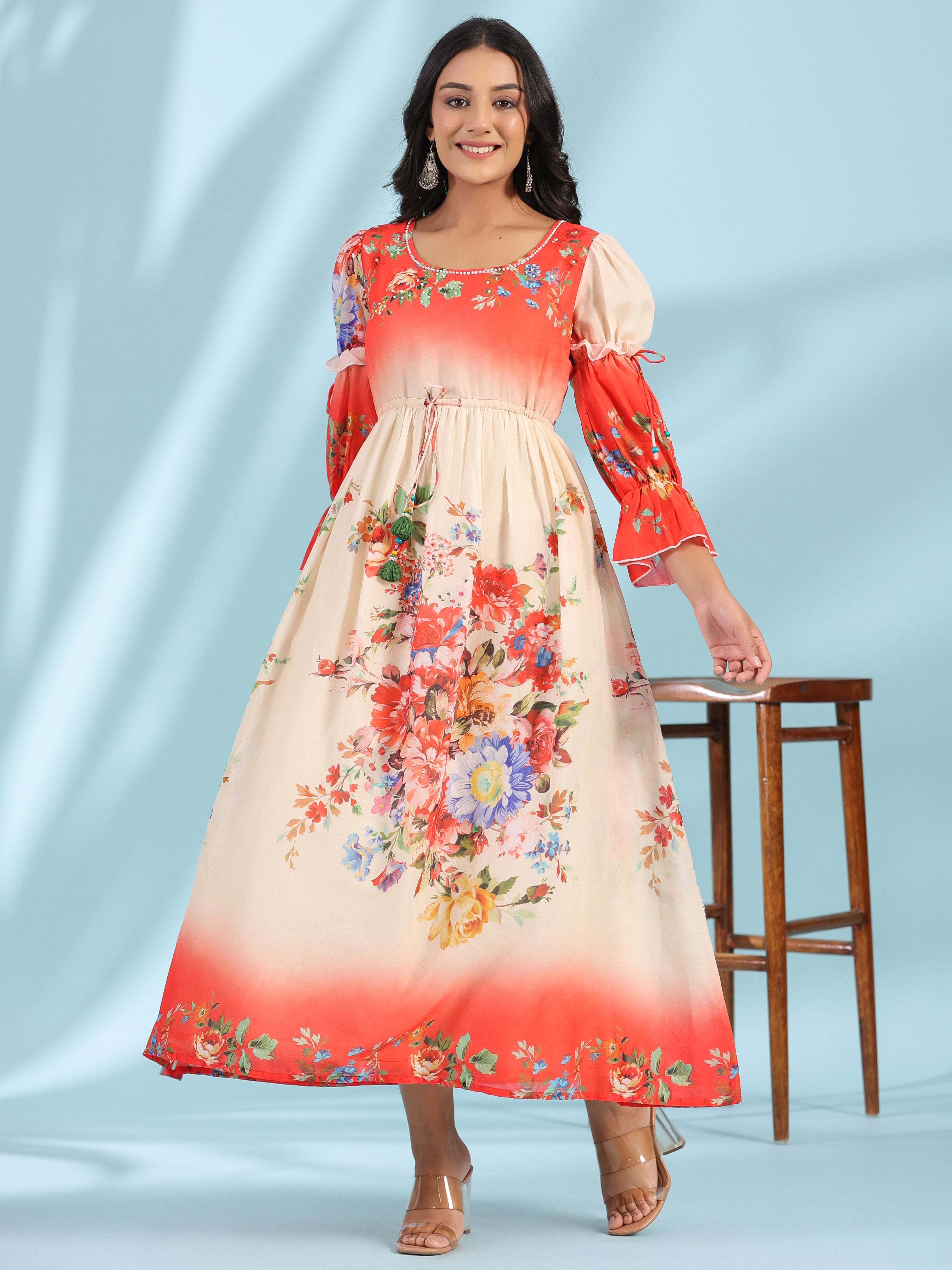 Juniper Women's Off-White Floral Printed Cotton Maxi Dress With Beads & Sequins Work