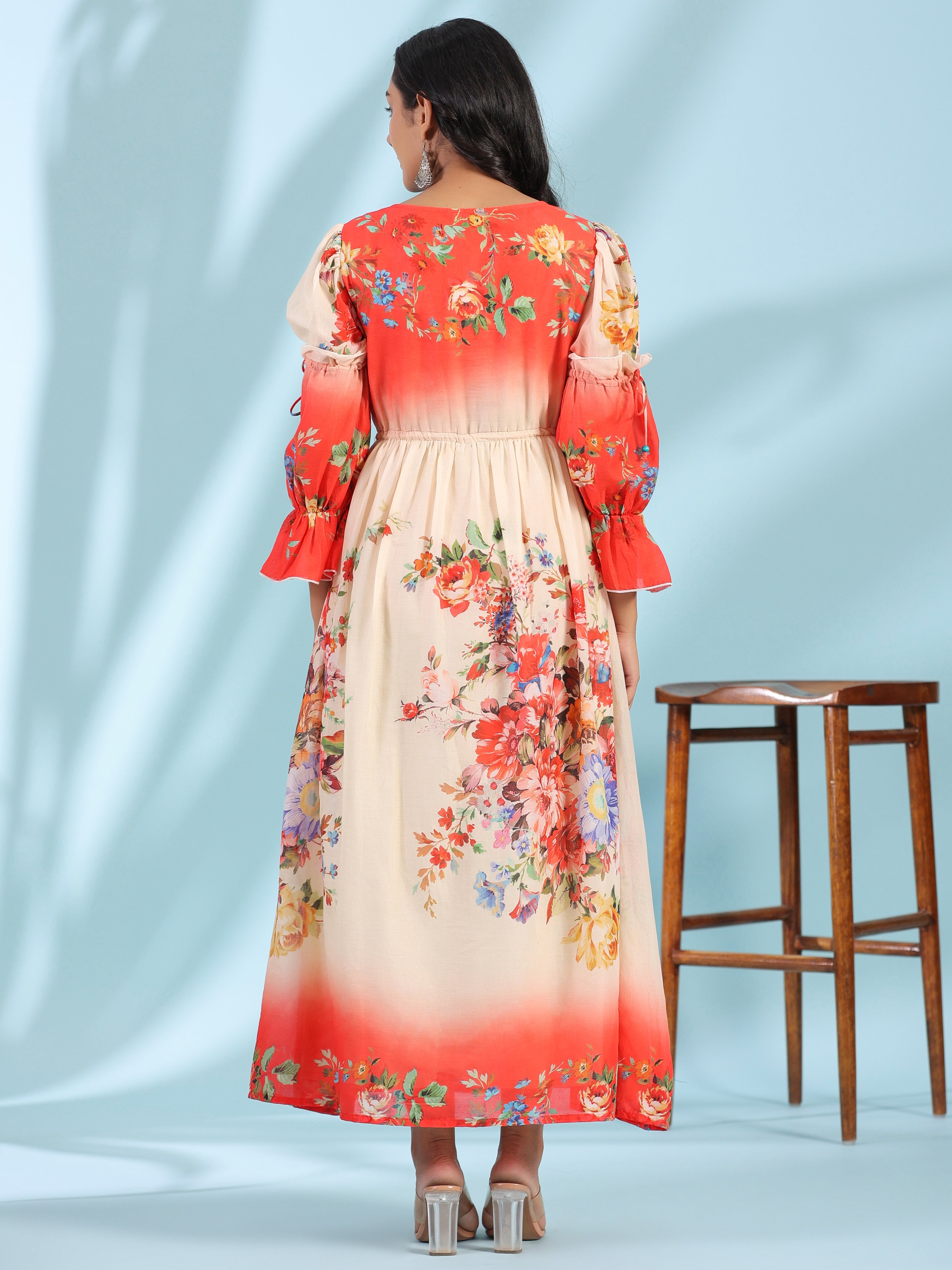 Juniper Women's Off-White Floral Printed Cotton Maxi Dress With Beads & Sequins Work