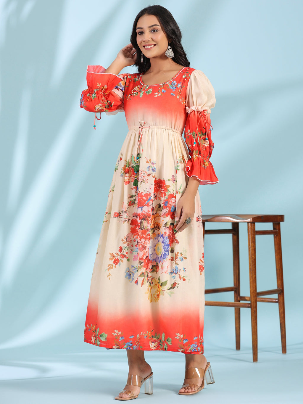 Juniper Women's Off-White Floral Printed Cotton Maxi Dress With Beads & Sequins Work