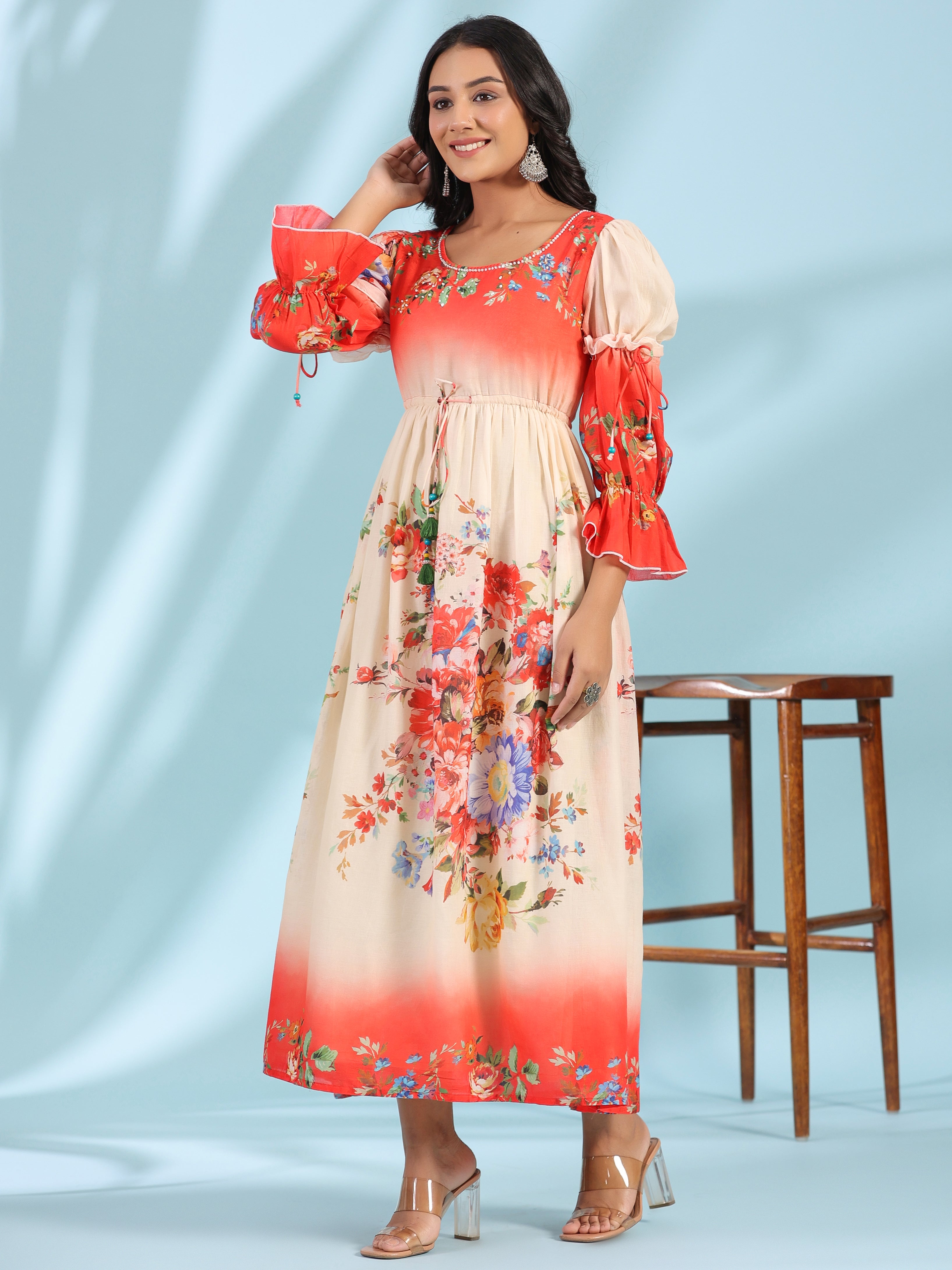 Juniper Women's Off-White Floral Printed Cotton Maxi Dress With Beads & Sequins Work