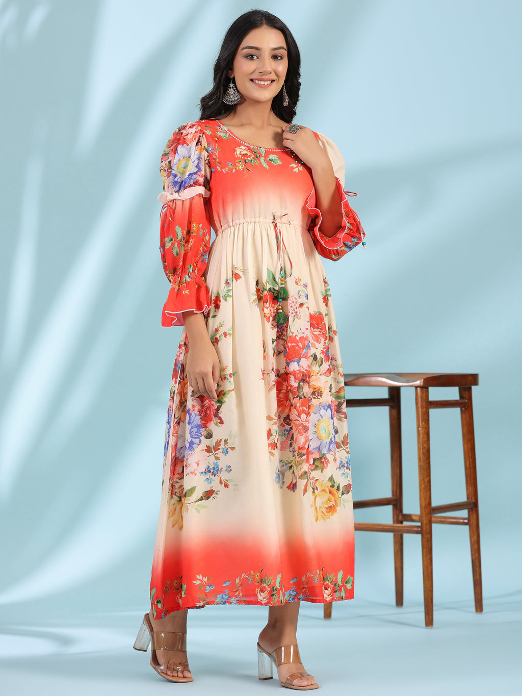 Juniper Women's Off-White Floral Printed Cotton Maxi Dress With Beads & Sequins Work