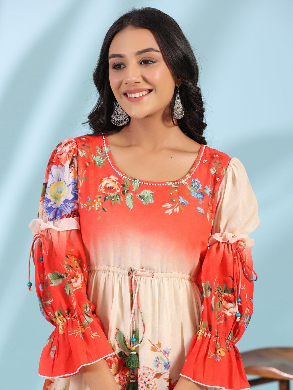 Juniper Women's Off-White Floral Printed Cotton Maxi Dress With Beads & Sequins Work