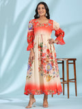 Juniper Women's Off-White Floral Printed Cotton Maxi Dress With Beads & Sequins Work