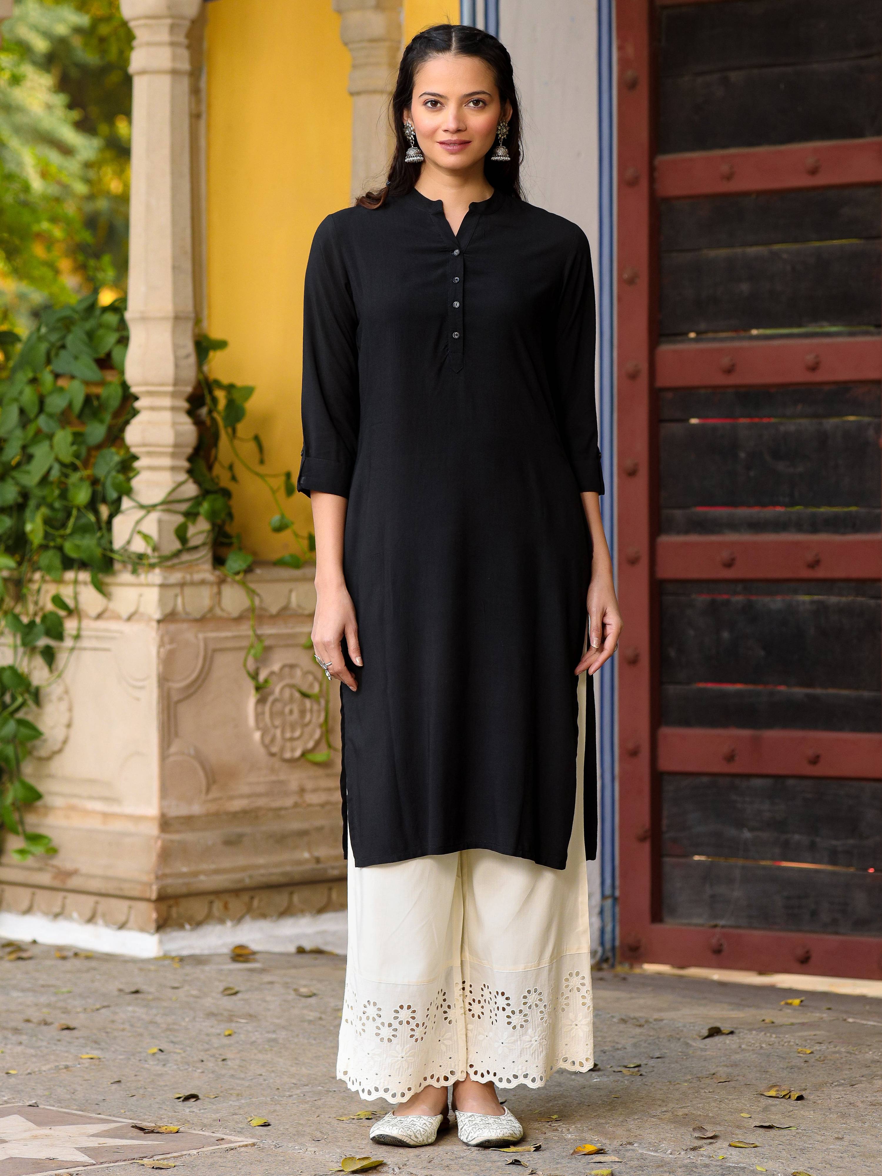 Juniper Women's Black Solid Modal Rayon Straight Kurta With Half Placket At Front