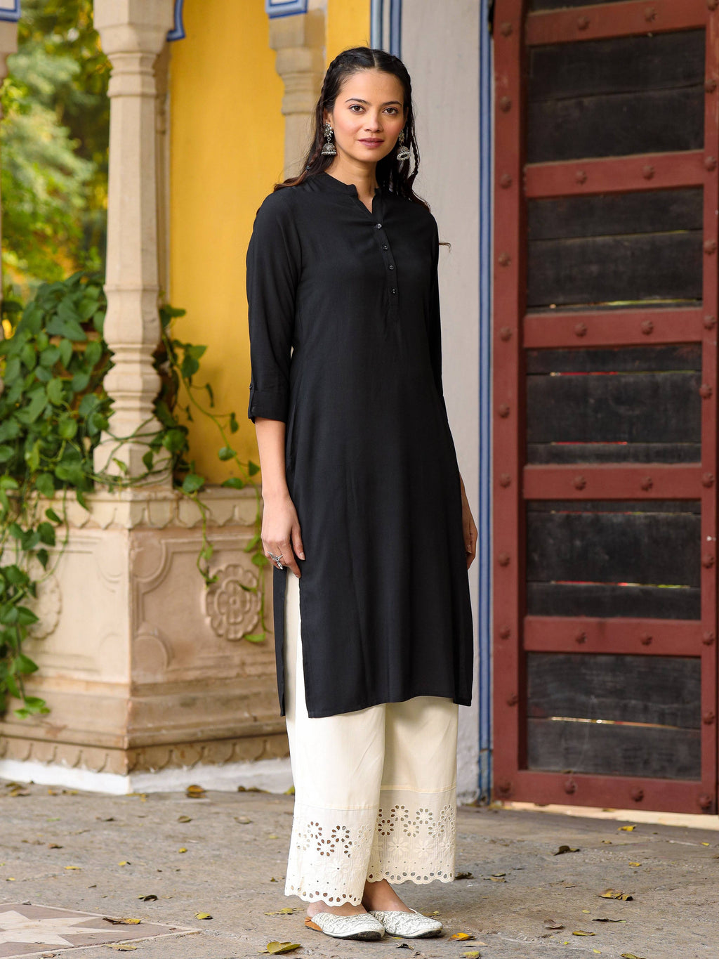 Juniper Women's Black Solid Modal Rayon Straight Kurta With Half Placket At Front