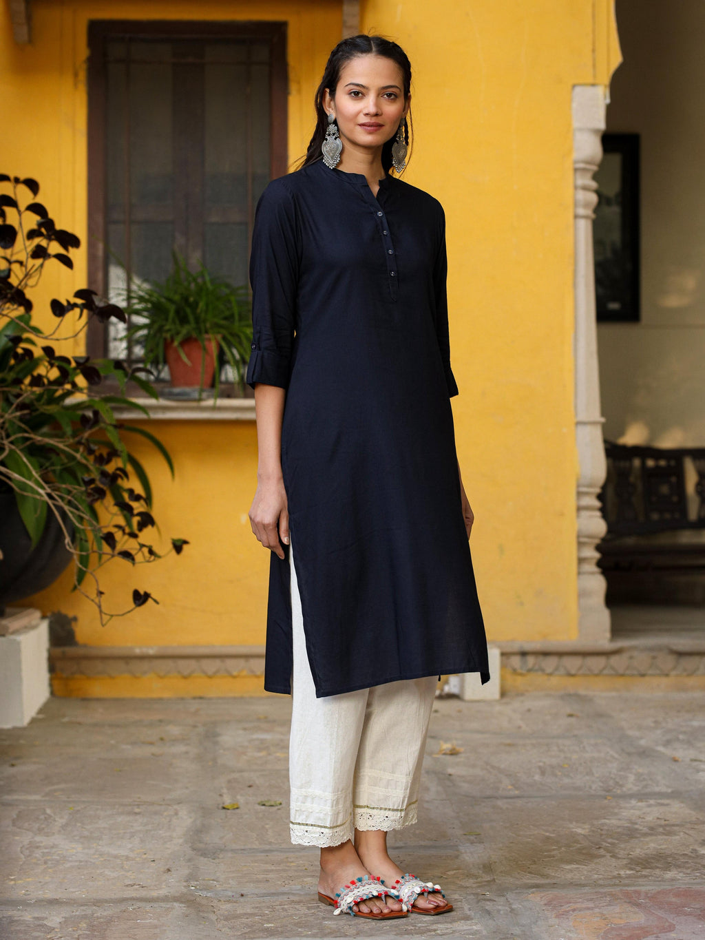 Juniper Women's Navy Blue Solid Modal Rayon Straight Kurta With Half Placket At Front