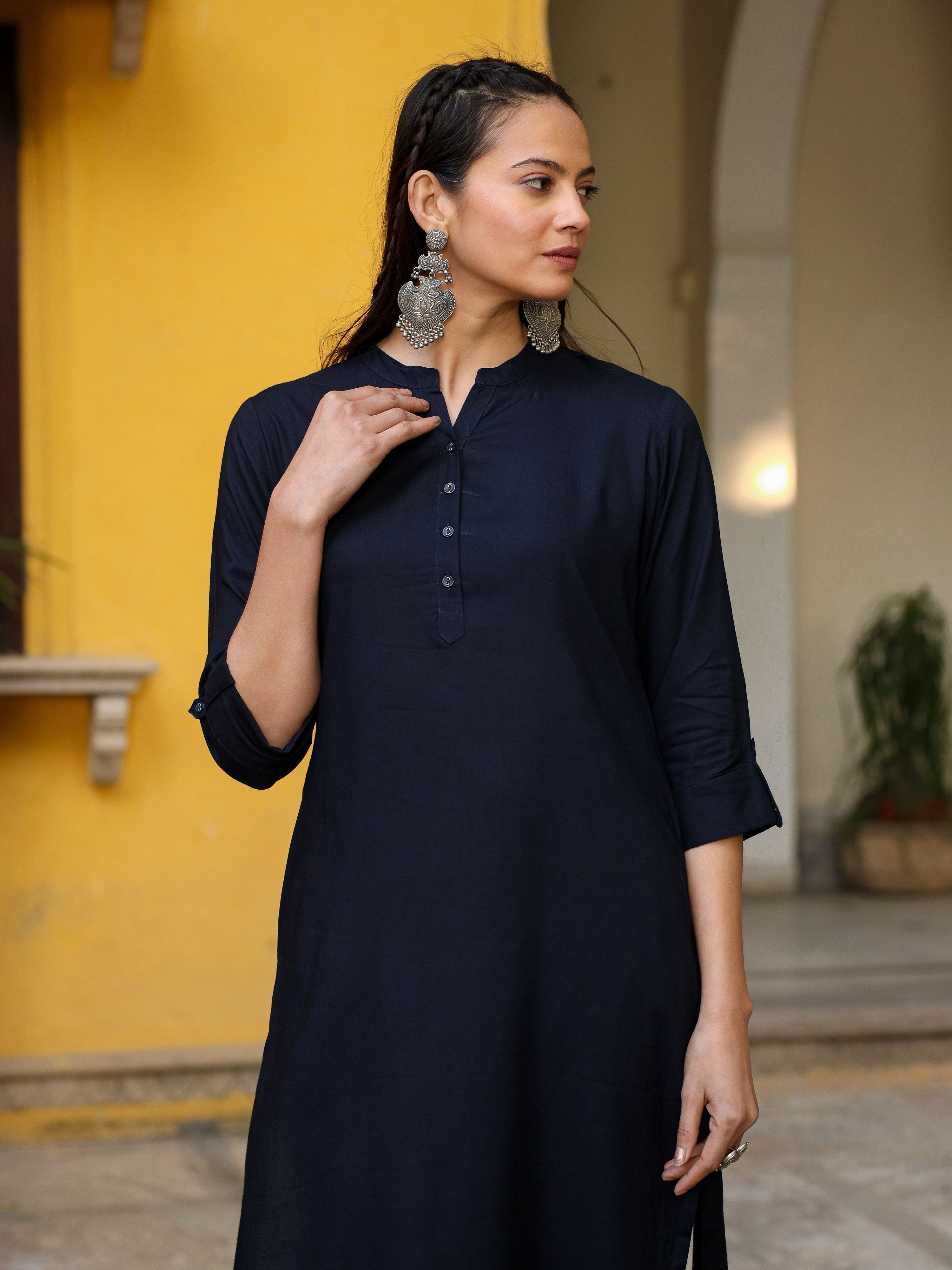 Juniper Women's Navy Blue Solid Modal Rayon Straight Kurta With Half Placket At Front