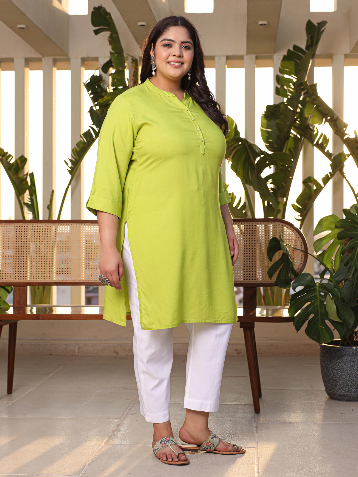 Juniper Women's Lime Green Modal Rayon Slub Plus Size Kurta