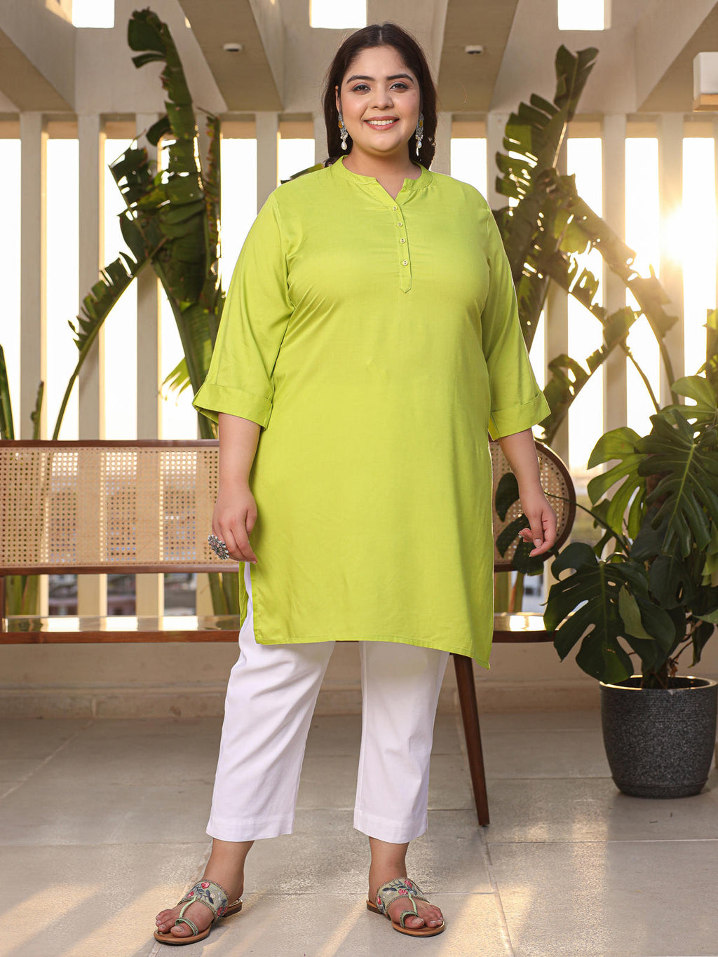 Juniper Women's Lime Green Modal Rayon Slub Plus Size Kurta