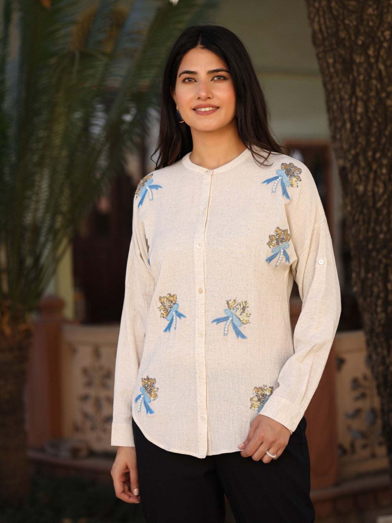 Juniper Women's Women Natural Solid Shirt With Sequins Work