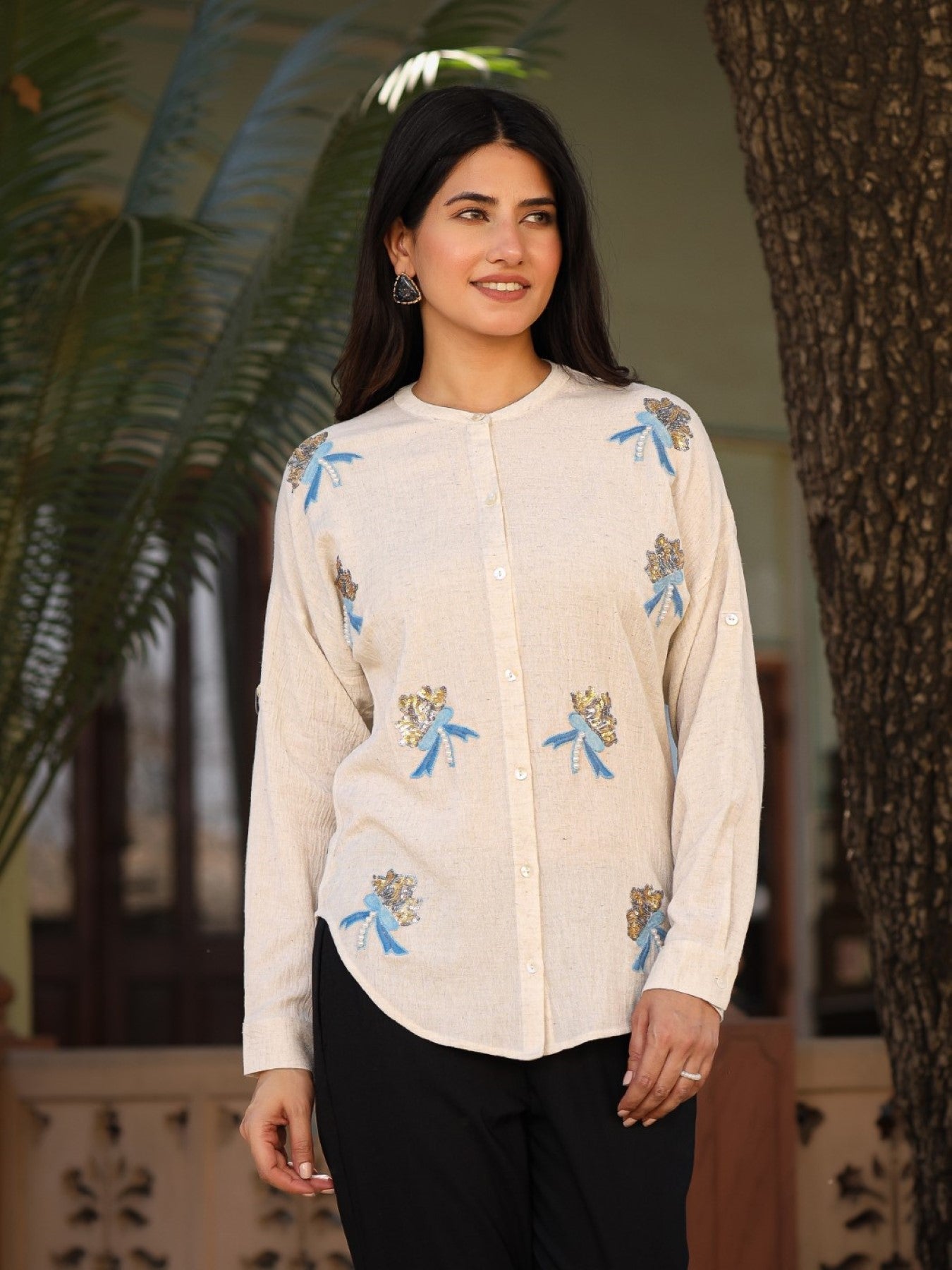 Juniper Women's Women Natural Solid Shirt With Sequins Work