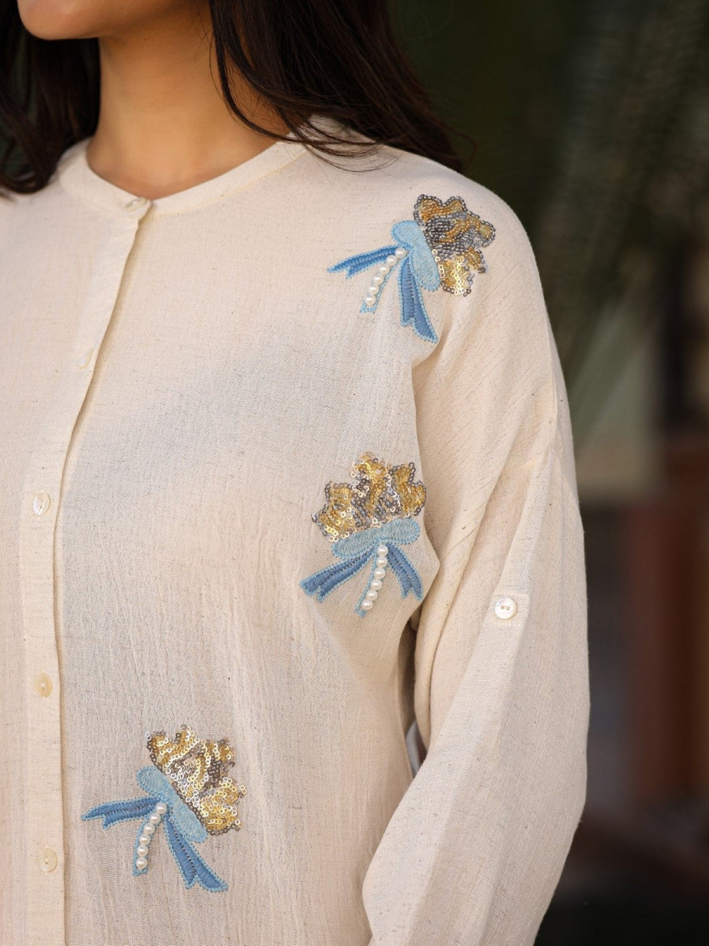 Juniper Women's Women Natural Solid Shirt With Sequins Work